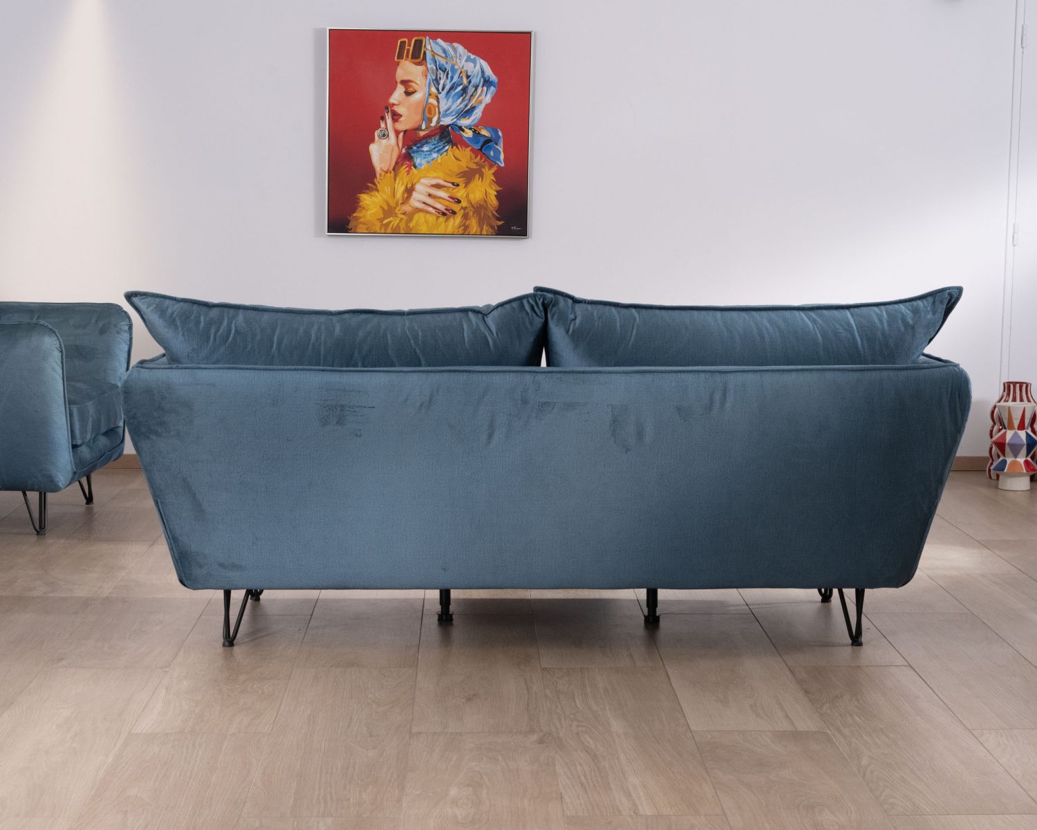 Canapé bleu 3 places bleu design vintage tissu et métal "Hasting"
