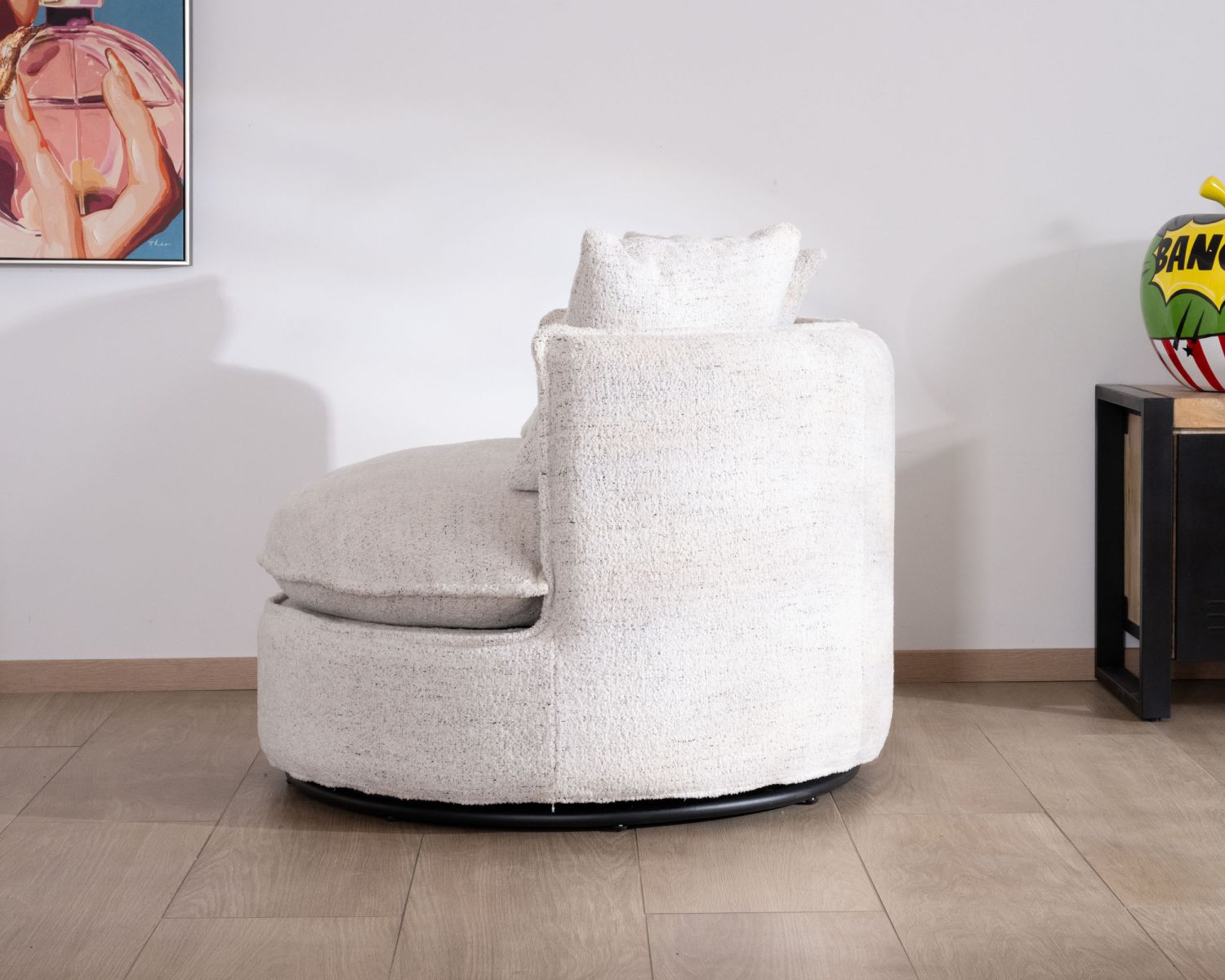 Chauffeuse ronde pivotante 360° "CosyPop" en tissu bouclette blanc chiné