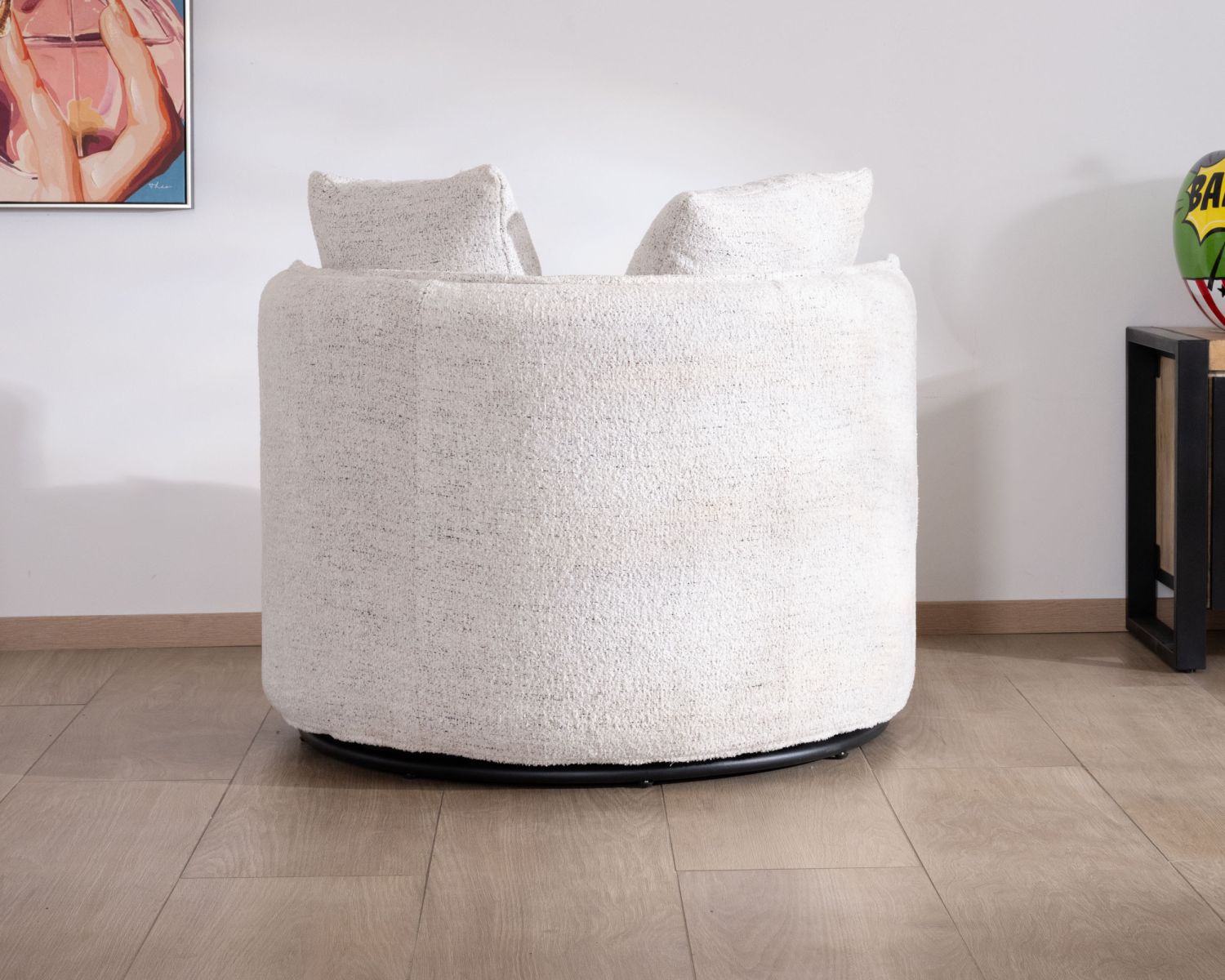 Chauffeuse ronde pivotante 360° "CosyPop" en tissu bouclette blanc chiné