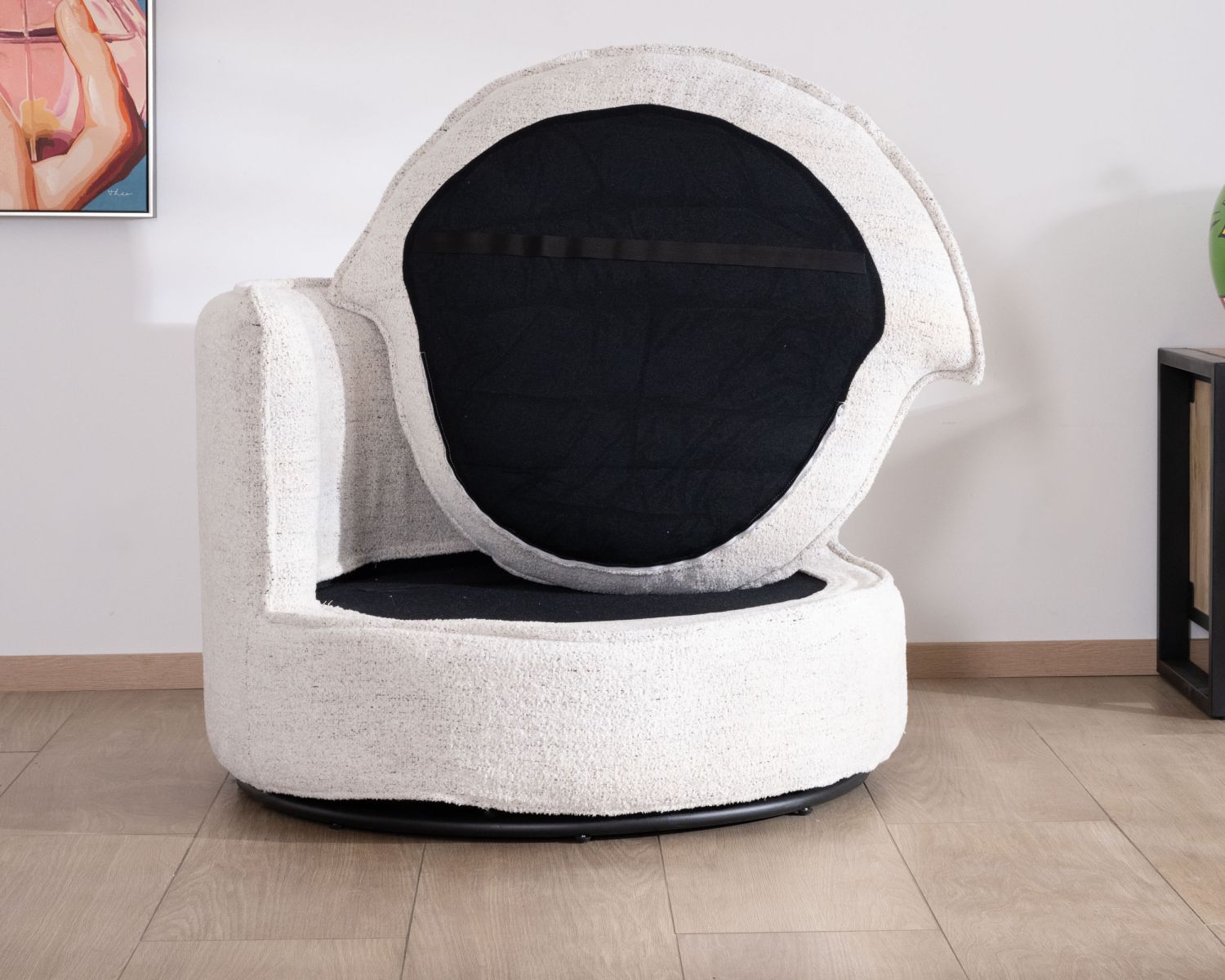 Chauffeuse ronde pivotante 360° "CosyPop" en tissu bouclette blanc chiné