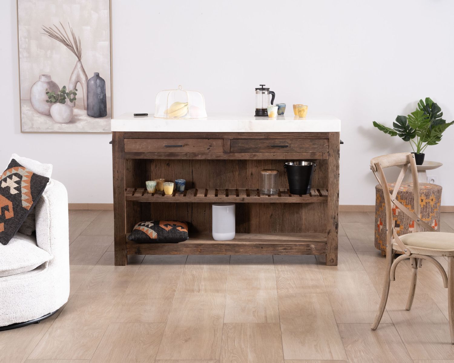  Billot de cuisine en teck recyclé et plateau marbre blanc "Grana"