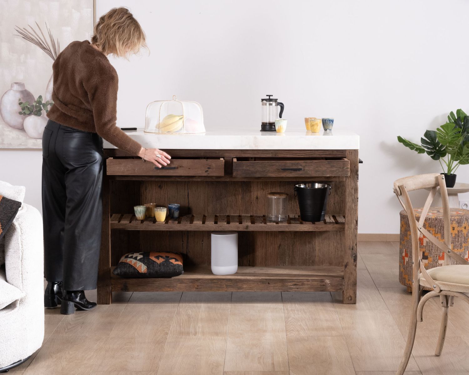  Billot de cuisine en teck recyclé et plateau marbre blanc "Grana"