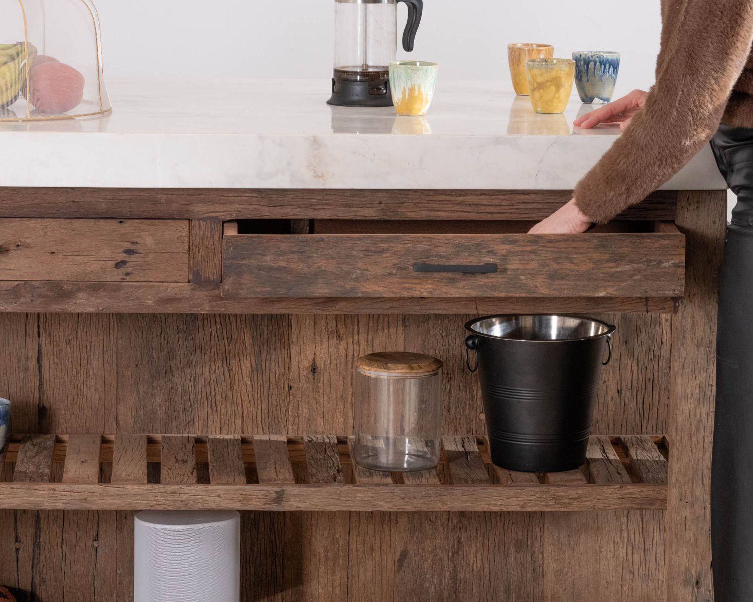  Billot de cuisine en teck recyclé et plateau marbre blanc "Grana"