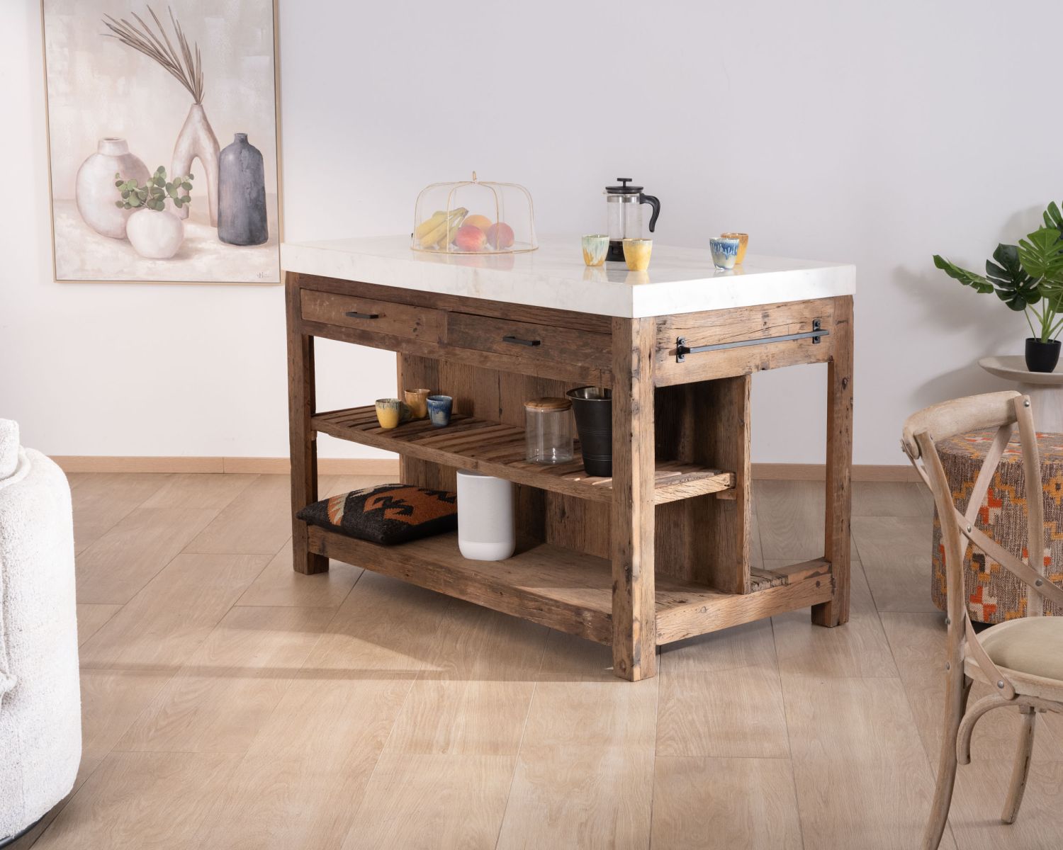  Billot de cuisine en teck recyclé et plateau marbre blanc "Grana"