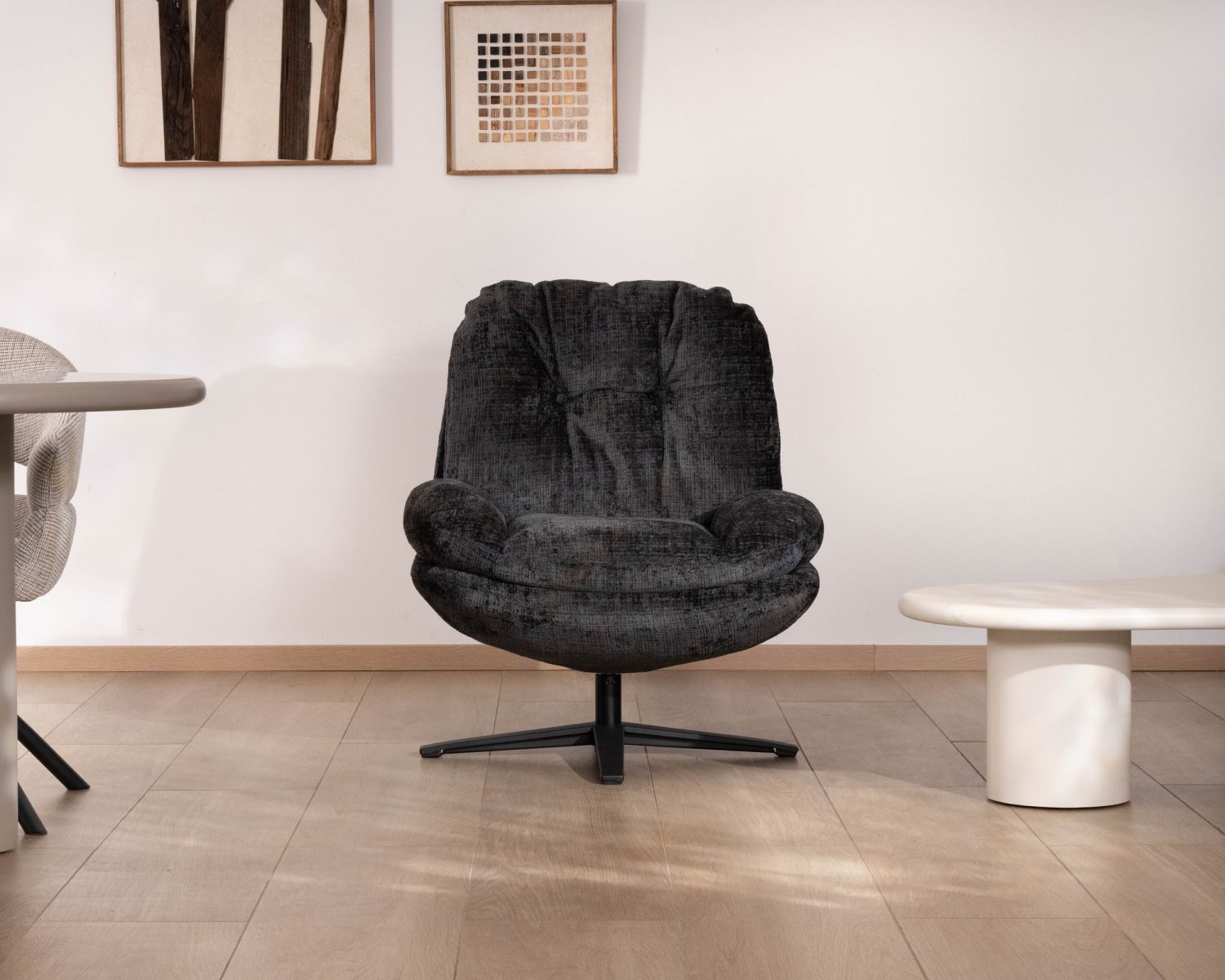 Fauteuil pivotant esprit rétro en tissu bouclettes anthracite “Panama” assise enveloppante