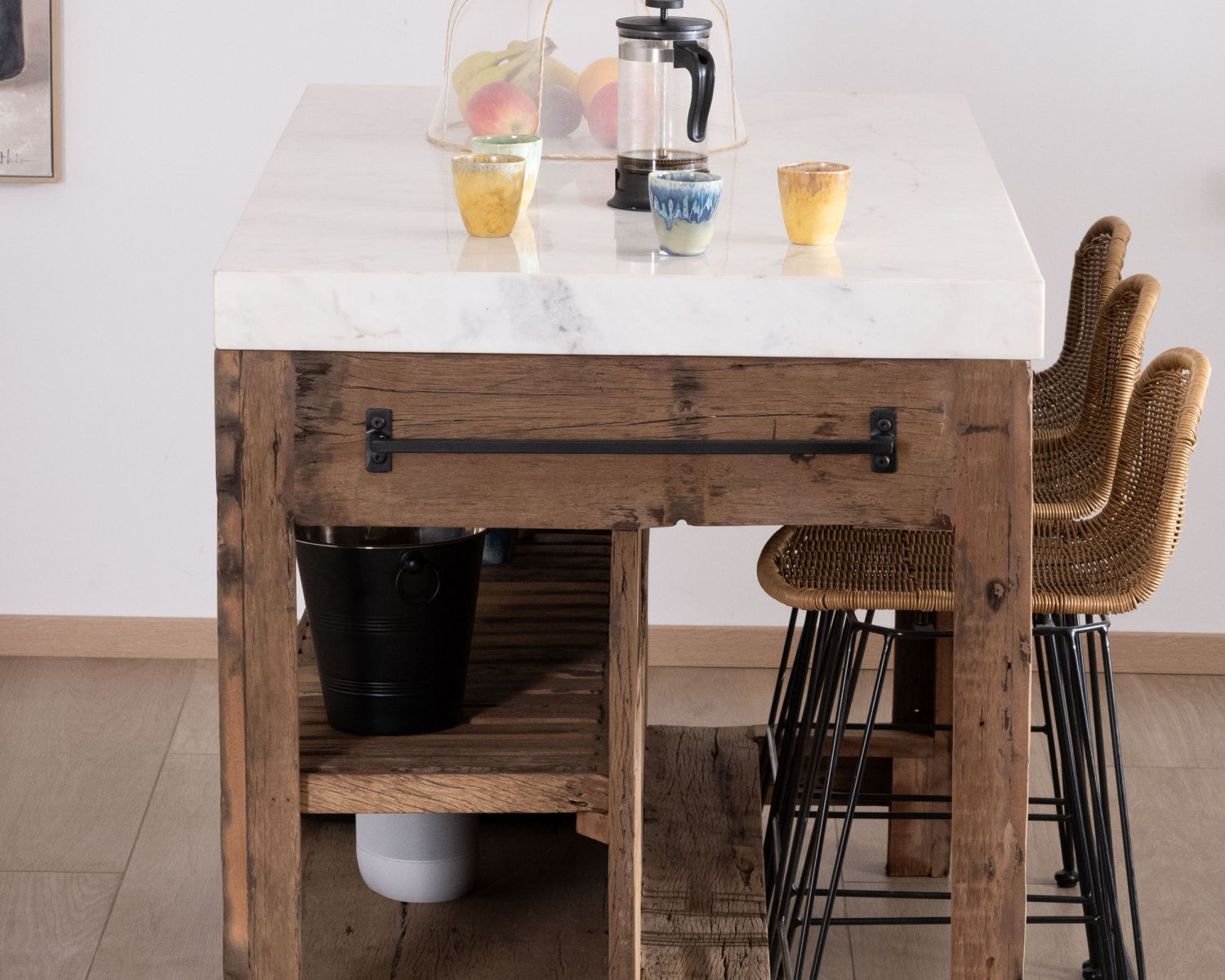  Billot de cuisine en teck recyclé et plateau marbre blanc "Grana"