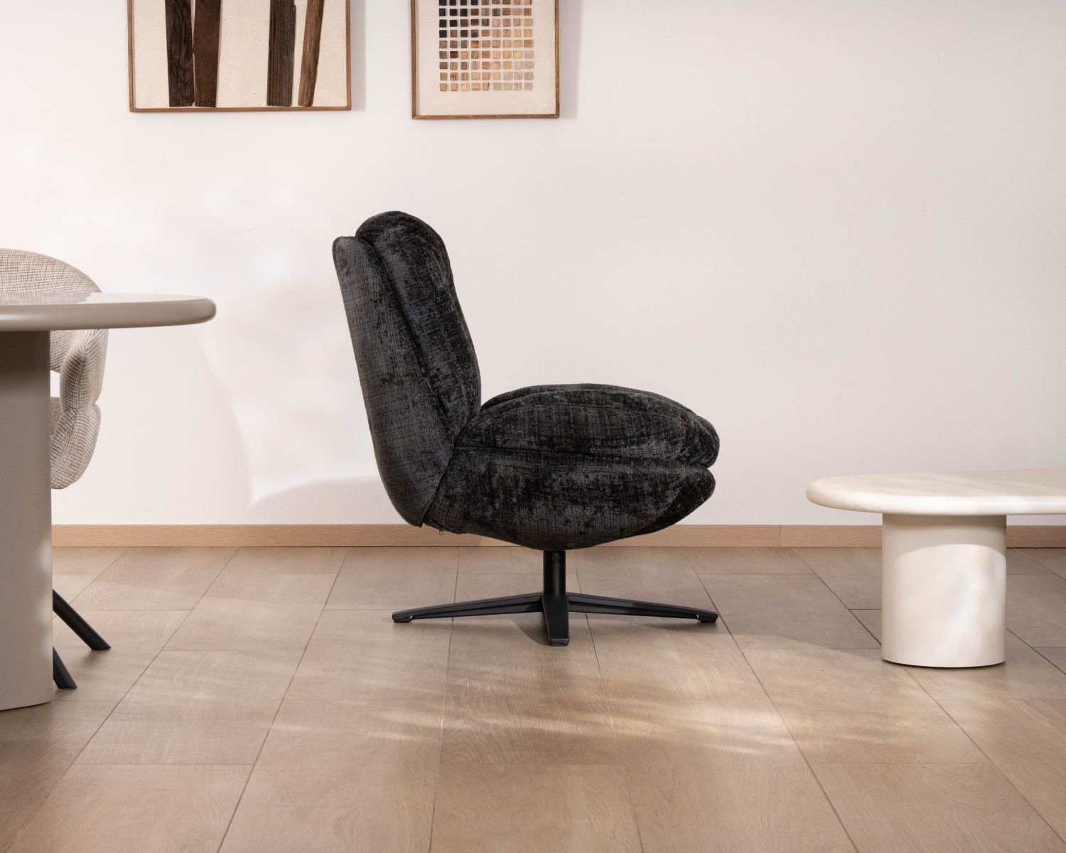 Fauteuil pivotant esprit rétro en tissu bouclettes anthracite “Panama” assise enveloppante