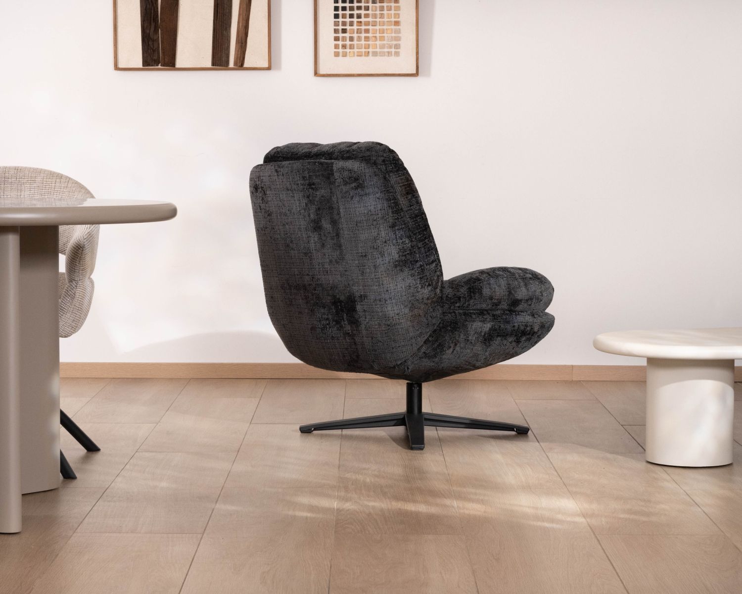 Fauteuil pivotant esprit rétro en tissu bouclettes anthracite “Panama” assise enveloppante