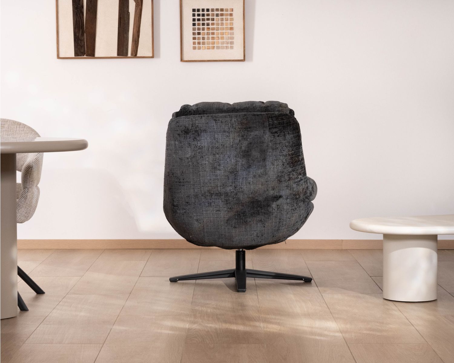 Fauteuil pivotant esprit rétro en tissu bouclettes anthracite “Panama” assise enveloppante