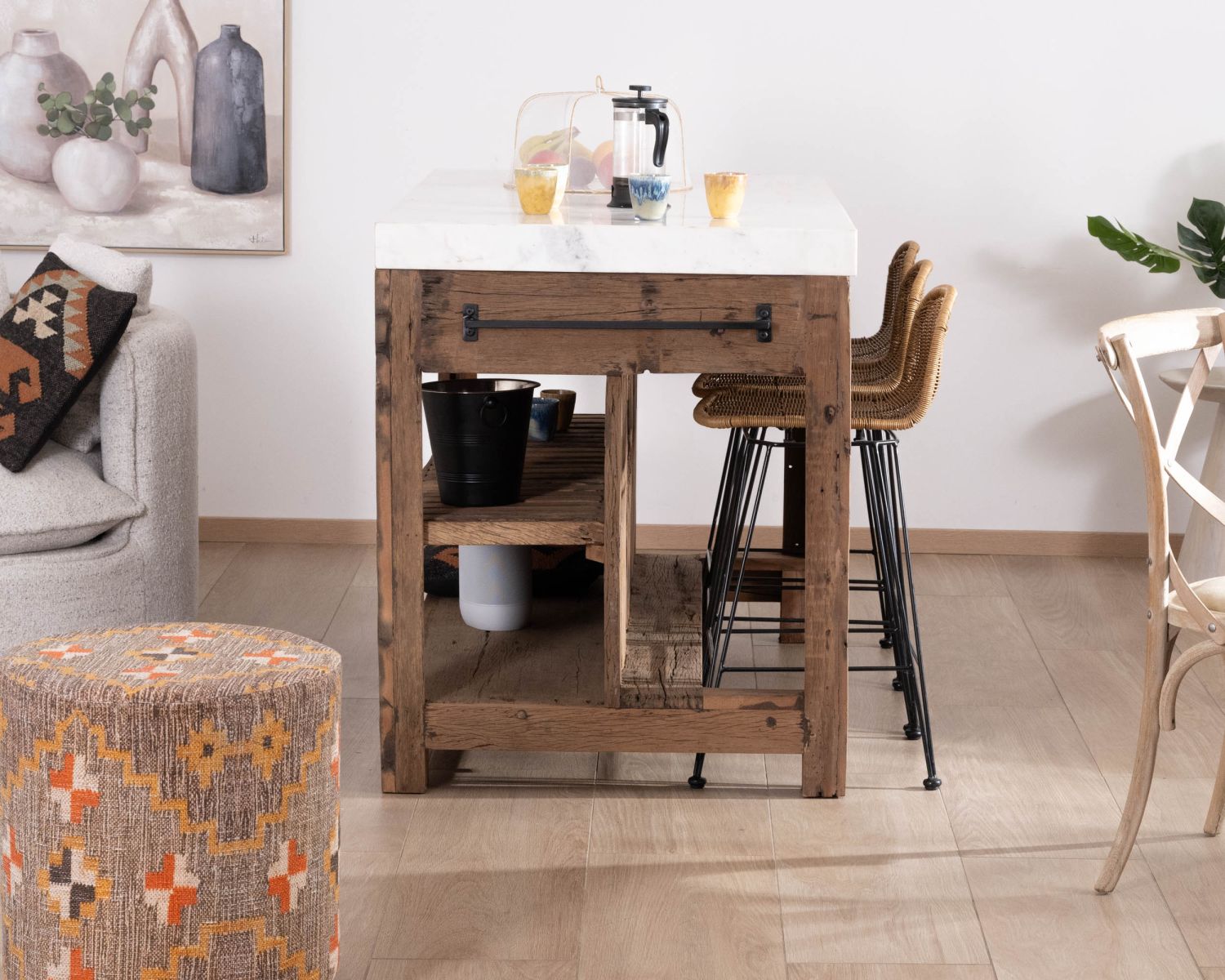  Billot de cuisine en teck recyclé et plateau marbre blanc "Grana"