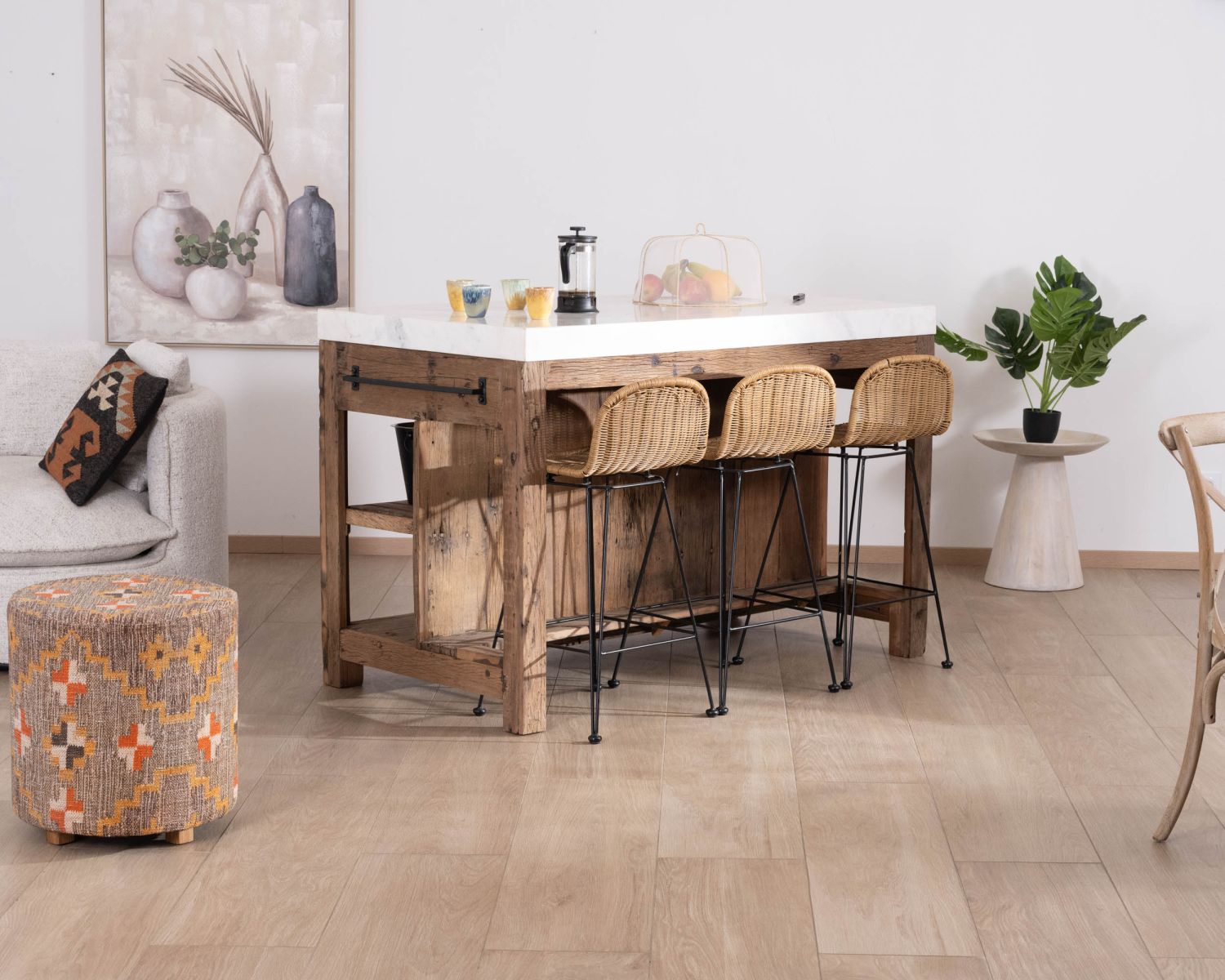  Billot de cuisine en teck recyclé et plateau marbre blanc "Grana"