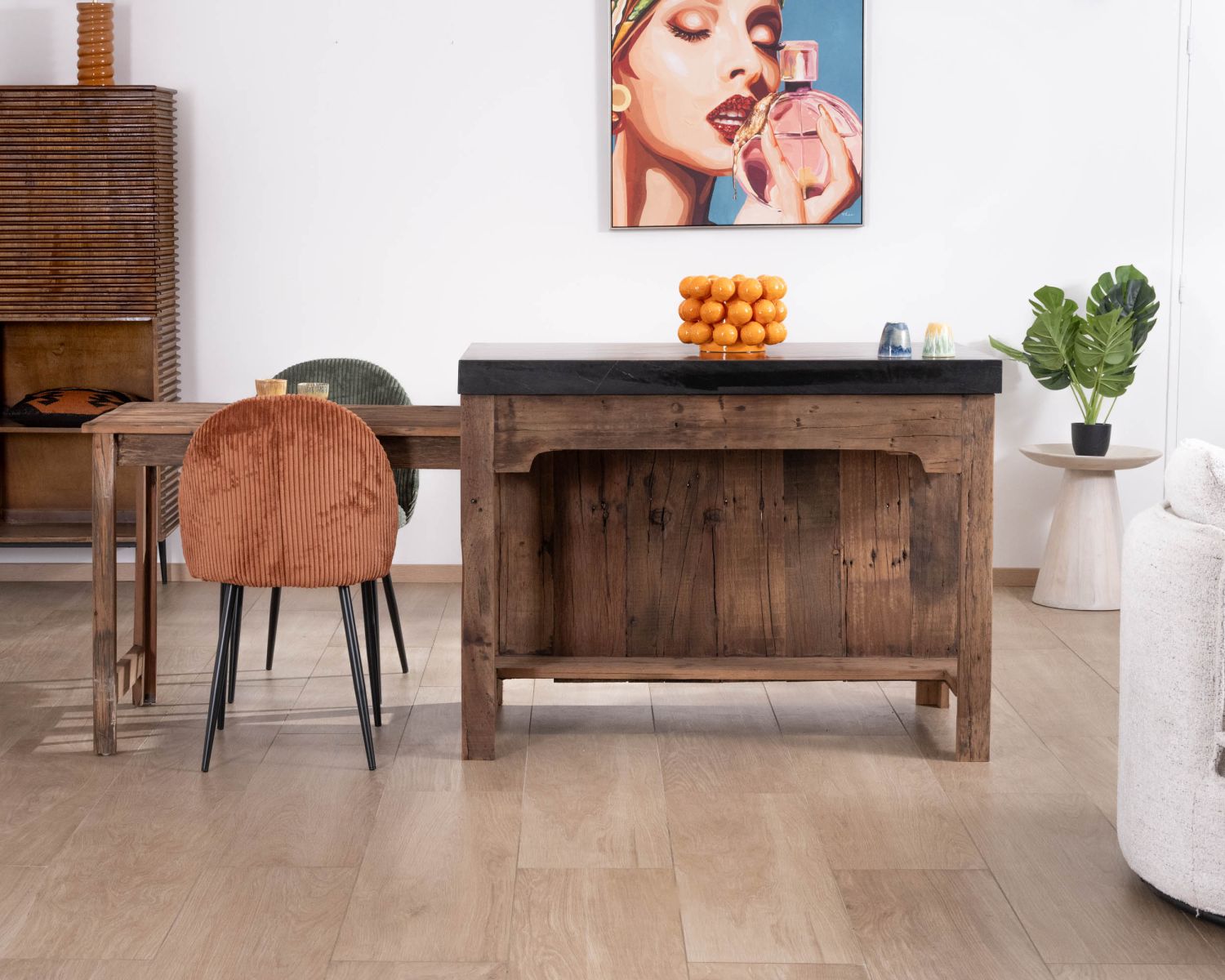  Îlot de cuisine en teck recyclé avec coin snack extensible "Grana" plateau marbre noir