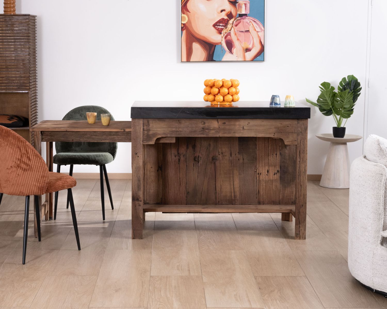  Îlot de cuisine en teck recyclé avec coin snack extensible "Grana" plateau marbre noir