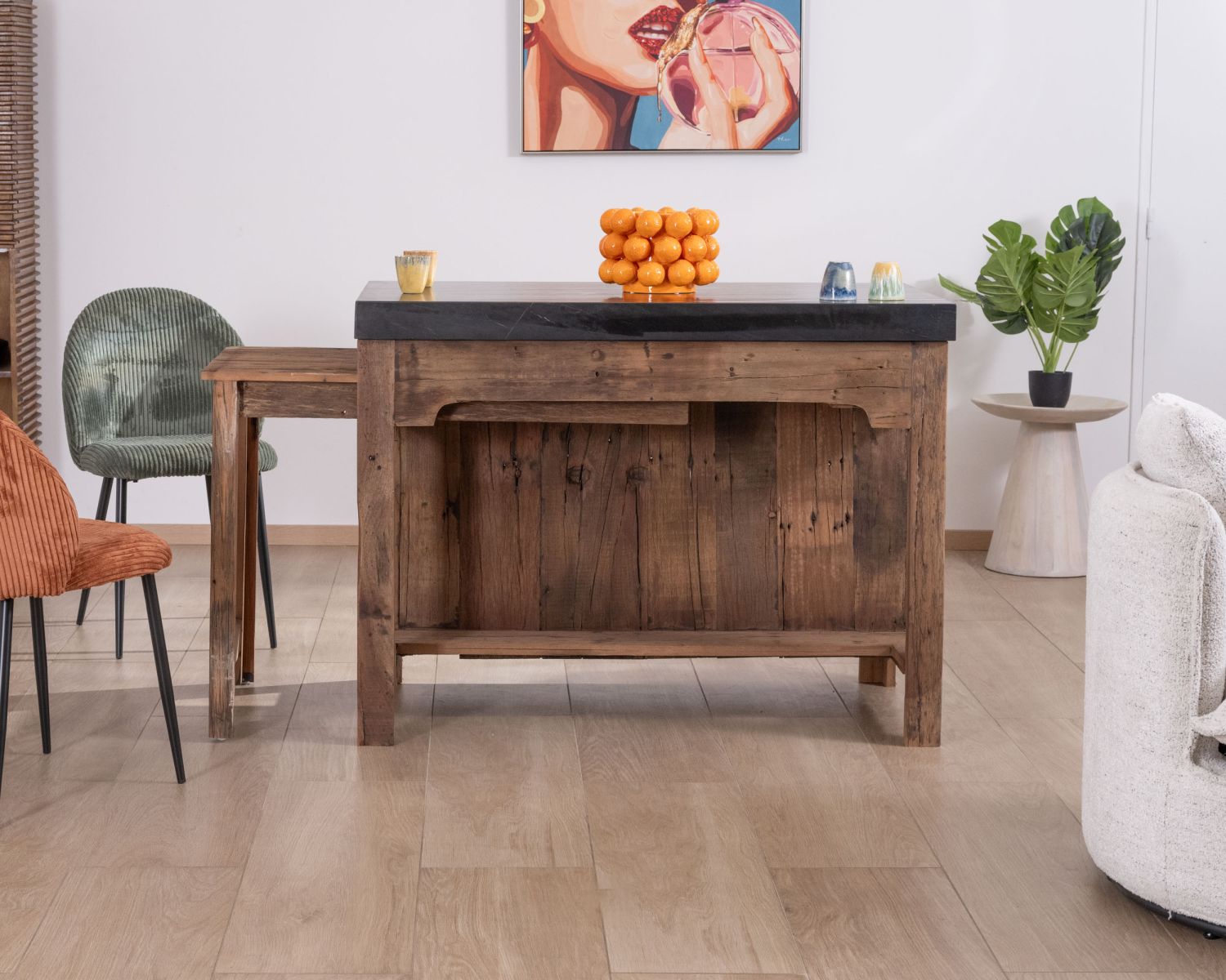  Îlot de cuisine en teck recyclé avec coin snack extensible "Grana" plateau marbre noir