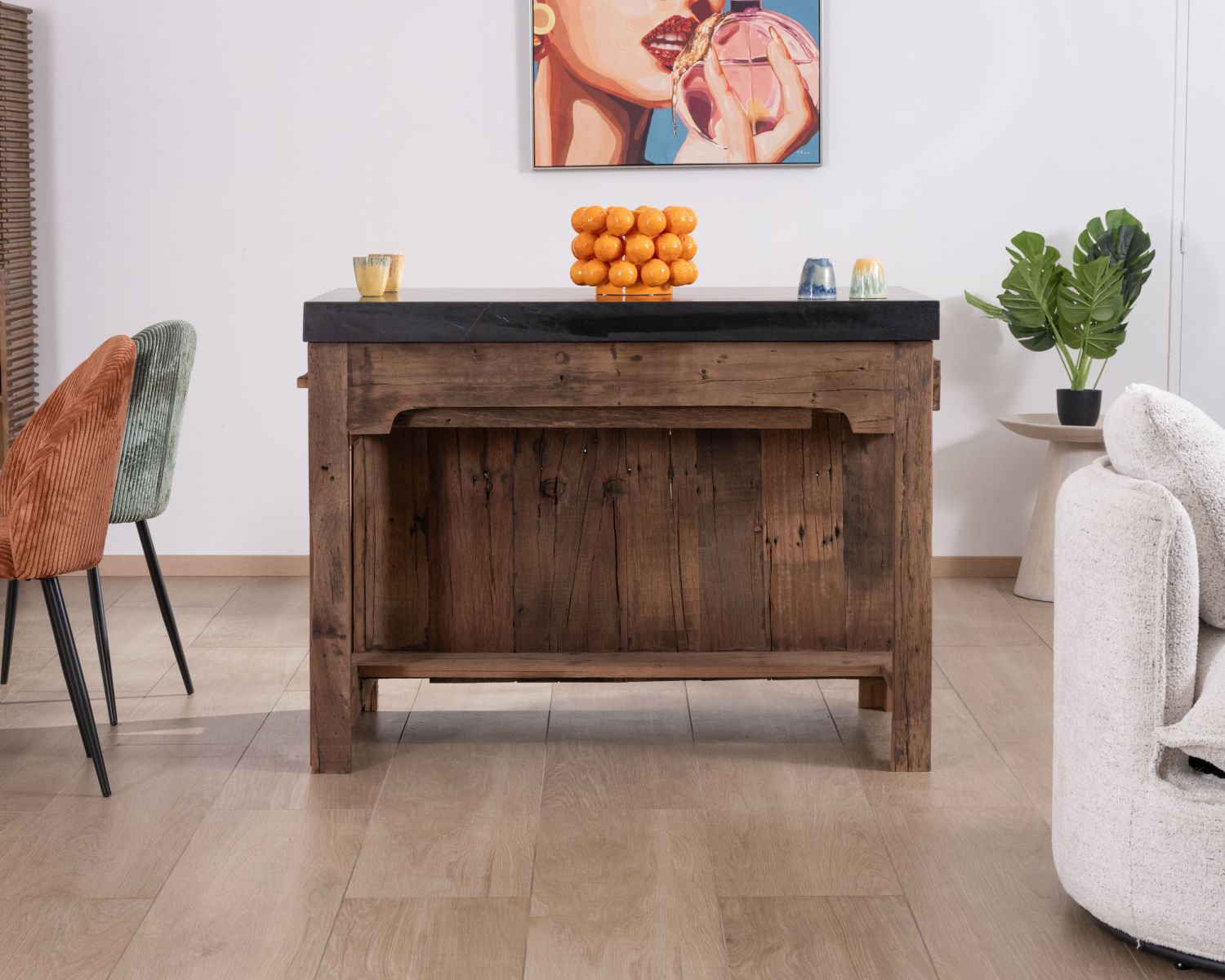  Îlot de cuisine en teck recyclé avec coin snack extensible "Grana" plateau marbre noir