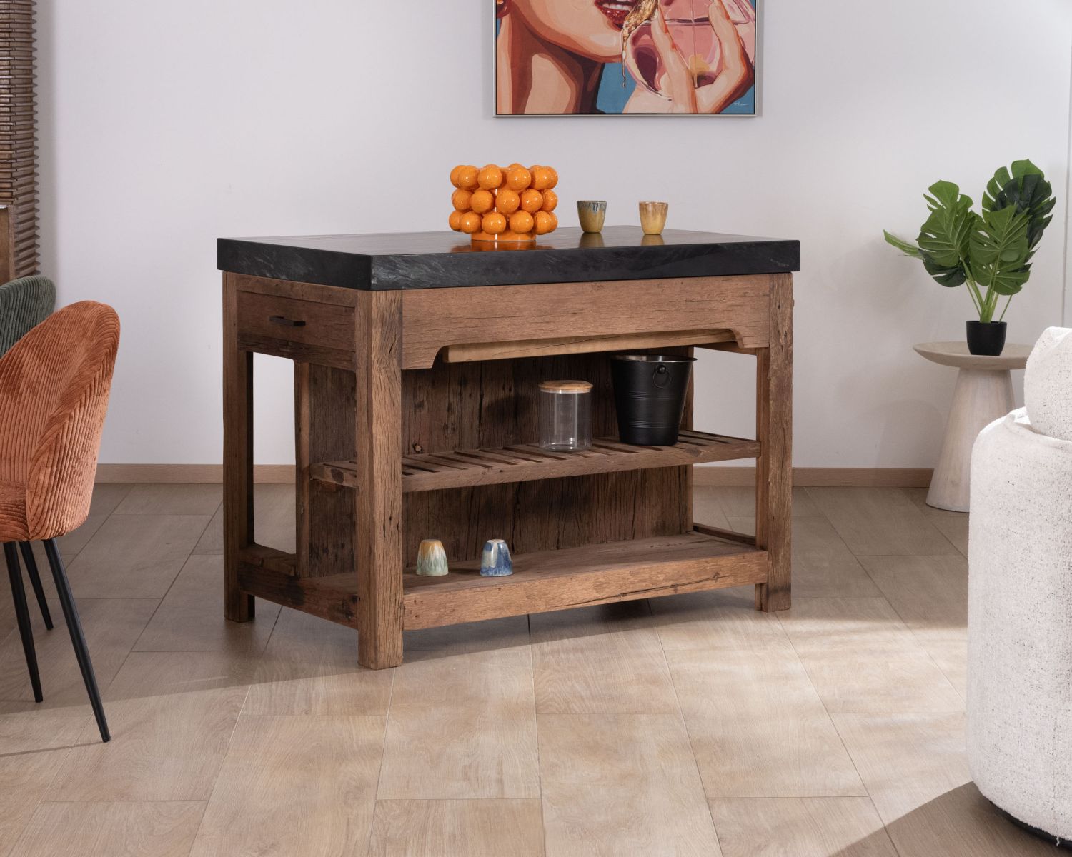  Îlot de cuisine en teck recyclé avec coin snack extensible "Grana" plateau marbre noir