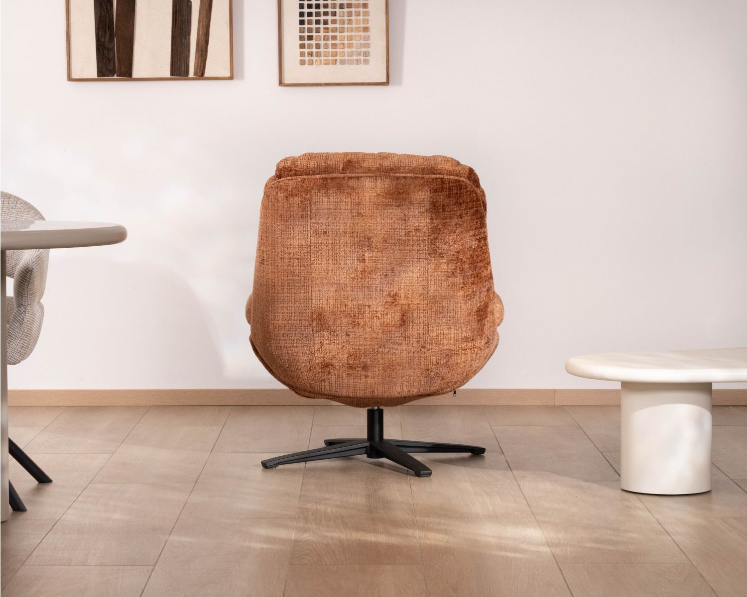 Fauteuil pivotant 360° en tissu bouclettes terracotta “Panama” assise moelleuse et design enveloppant