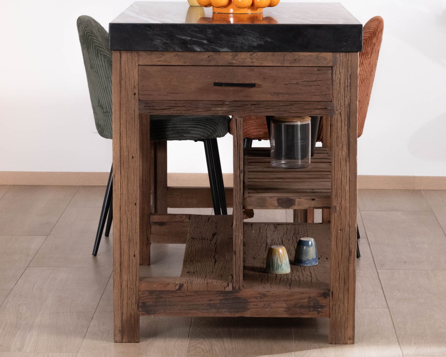  Îlot de cuisine en teck recyclé avec coin snack extensible "Grana" plateau marbre noir