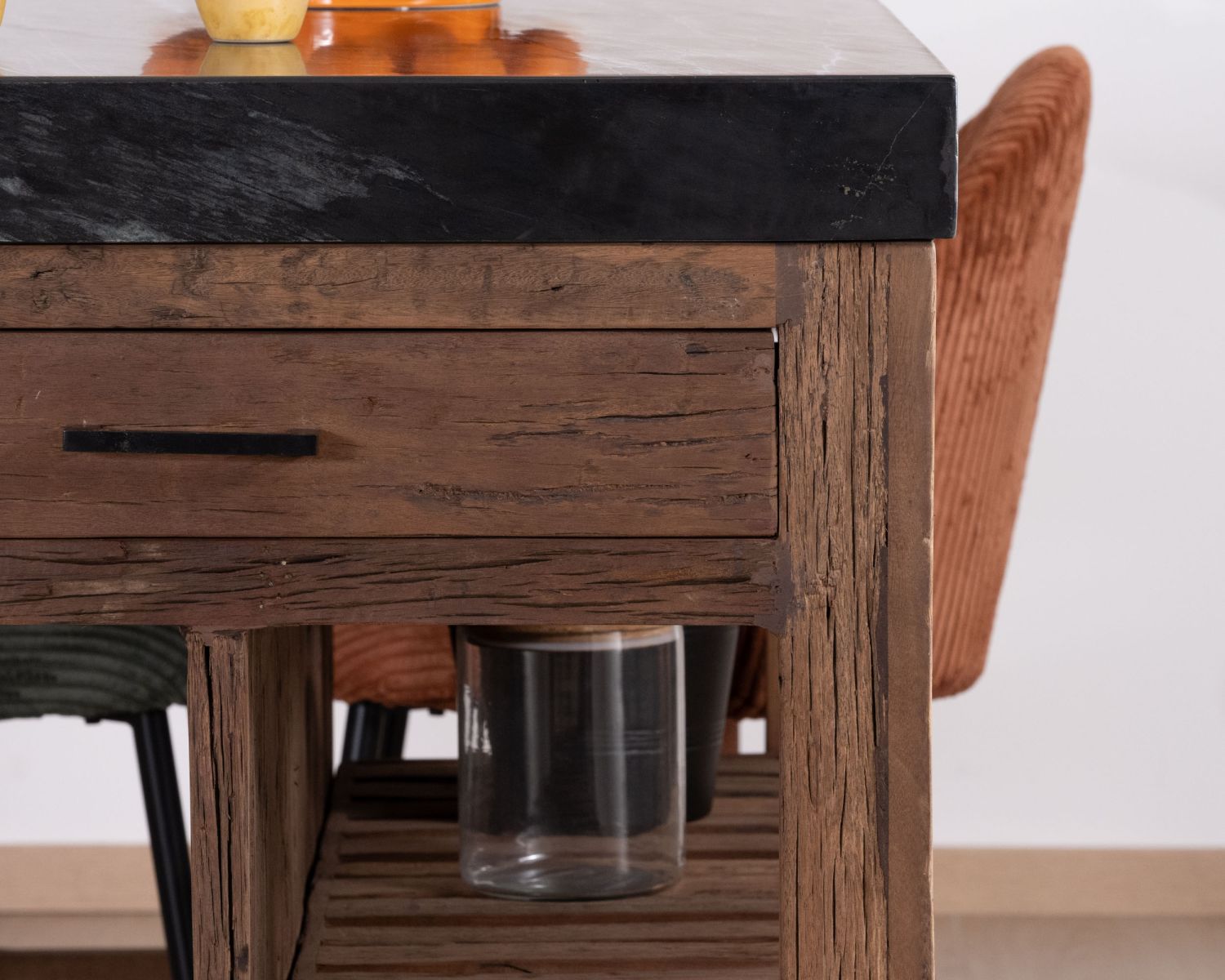  Îlot de cuisine en teck recyclé avec coin snack extensible "Grana" plateau marbre noir