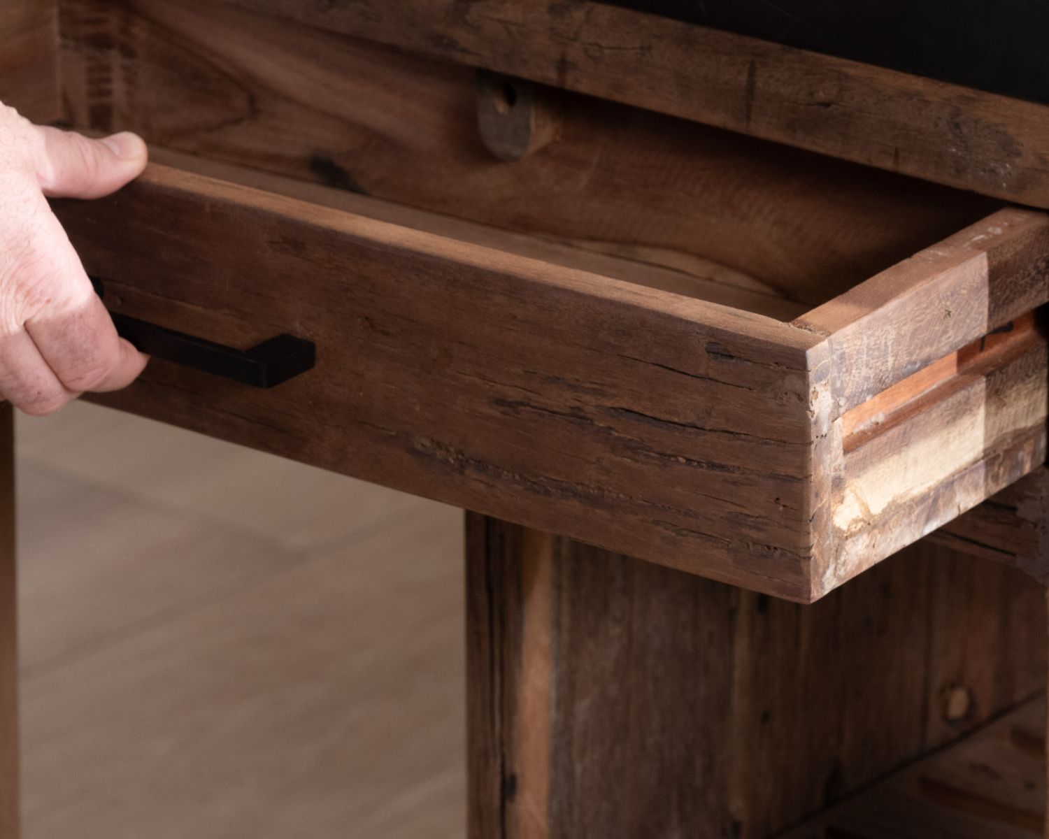  Îlot de cuisine en teck recyclé avec coin snack extensible "Grana" plateau marbre noir