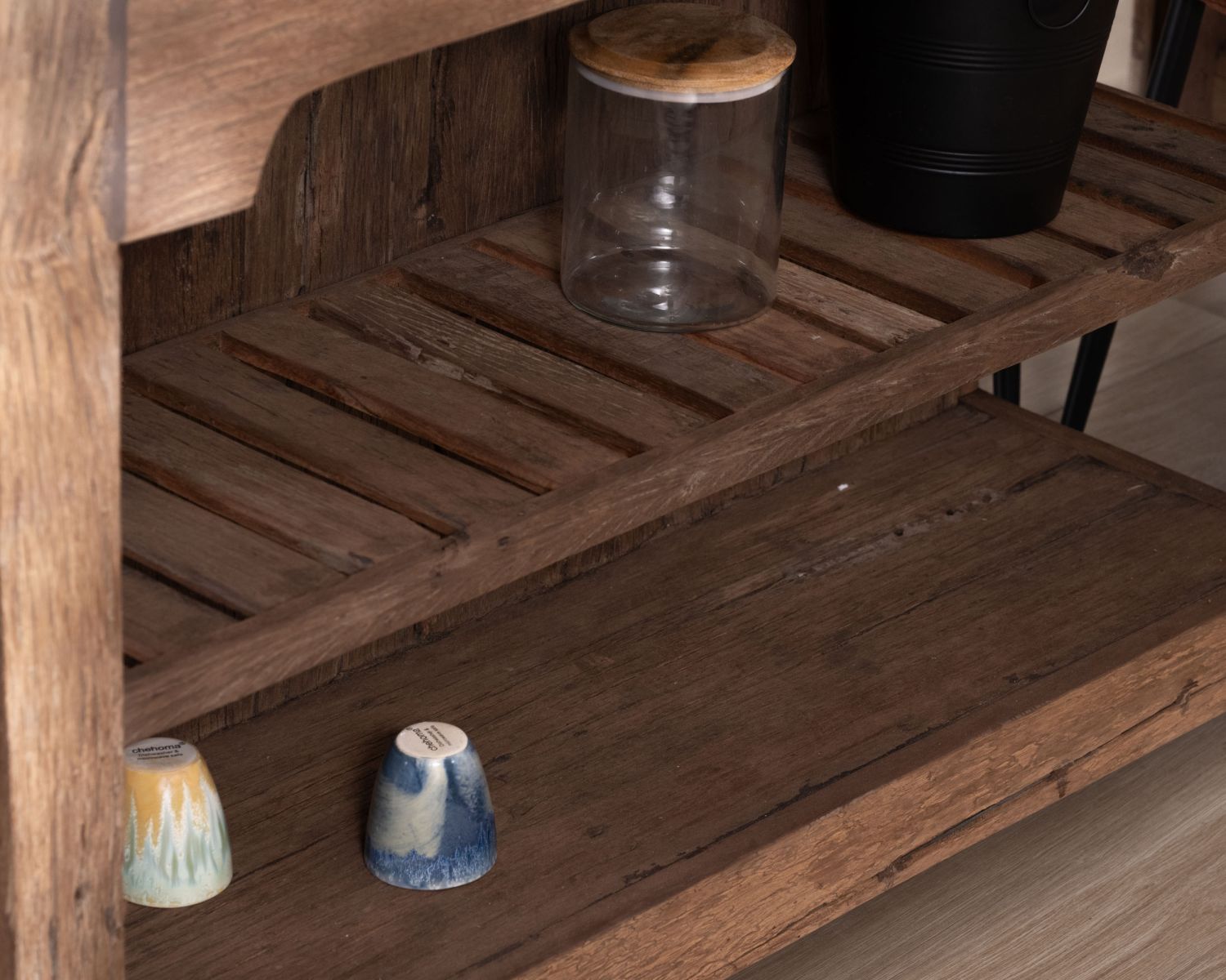  Îlot de cuisine en teck recyclé avec coin snack extensible "Grana" plateau marbre noir