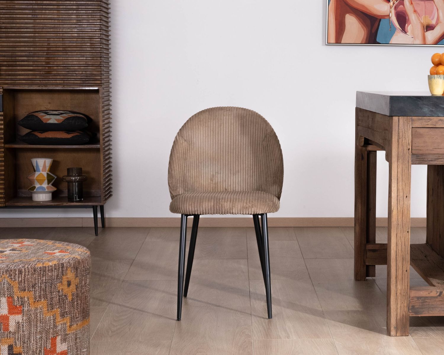 Lot de 4 chaises de repas en velours côtelé taupe esprit vintage "Bellot" 