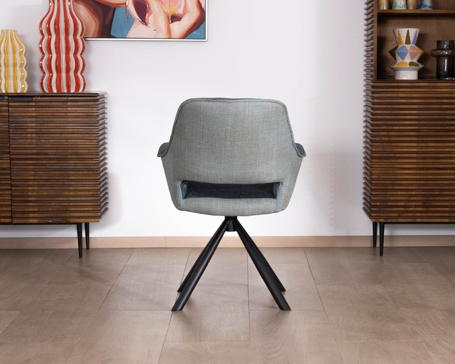 Lot de 2 fauteuils de repas contemporains en tissu bi texture bleu "Chilko" pied pivotant en métal