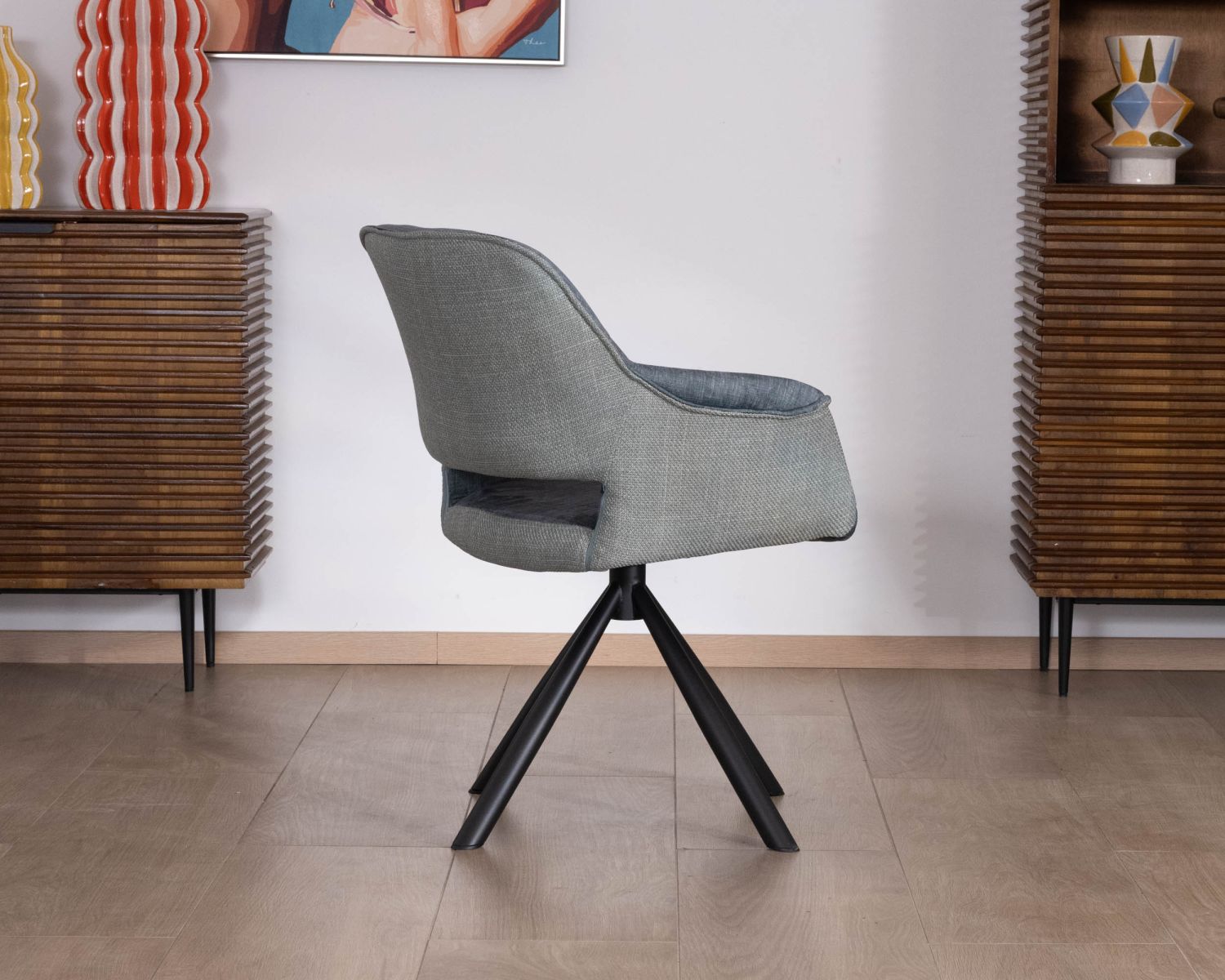 Lot de 2 fauteuils de repas contemporains en tissu bi texture bleu "Chilko" pied pivotant en métal