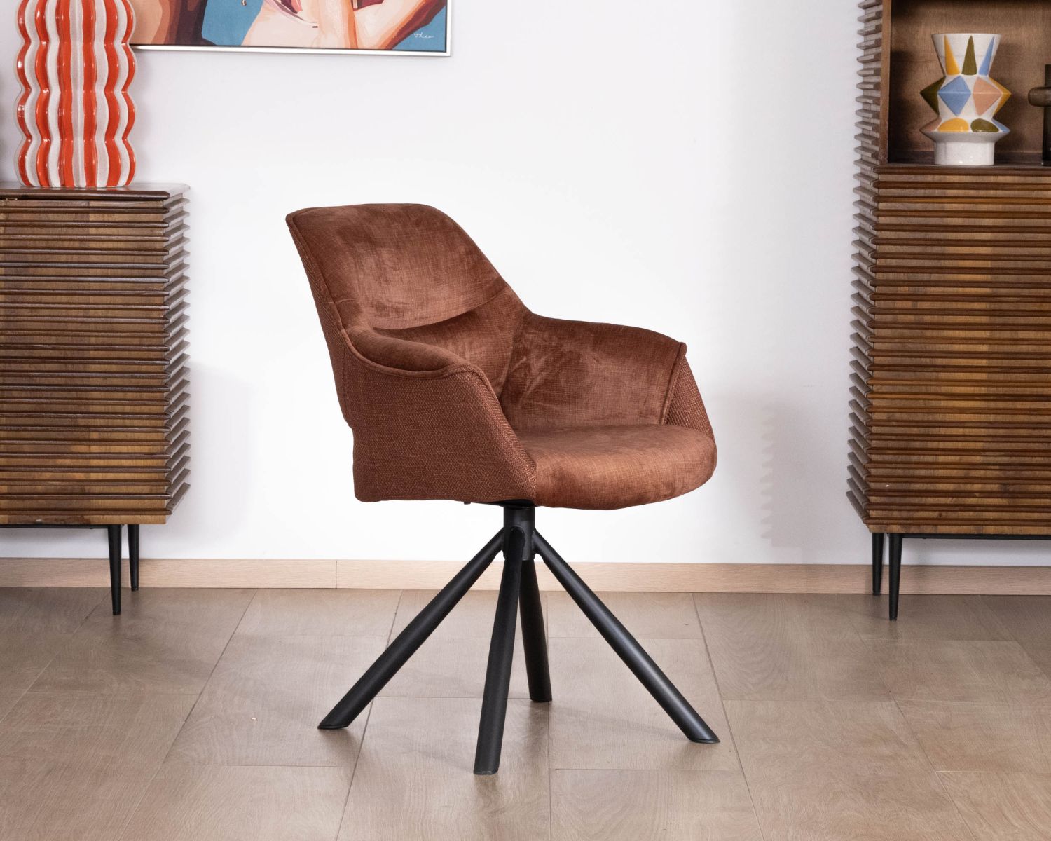 Lot de 2 fauteuils de repas pivotants en tissu bi texturé cuivré "Chilko" esprit rétro