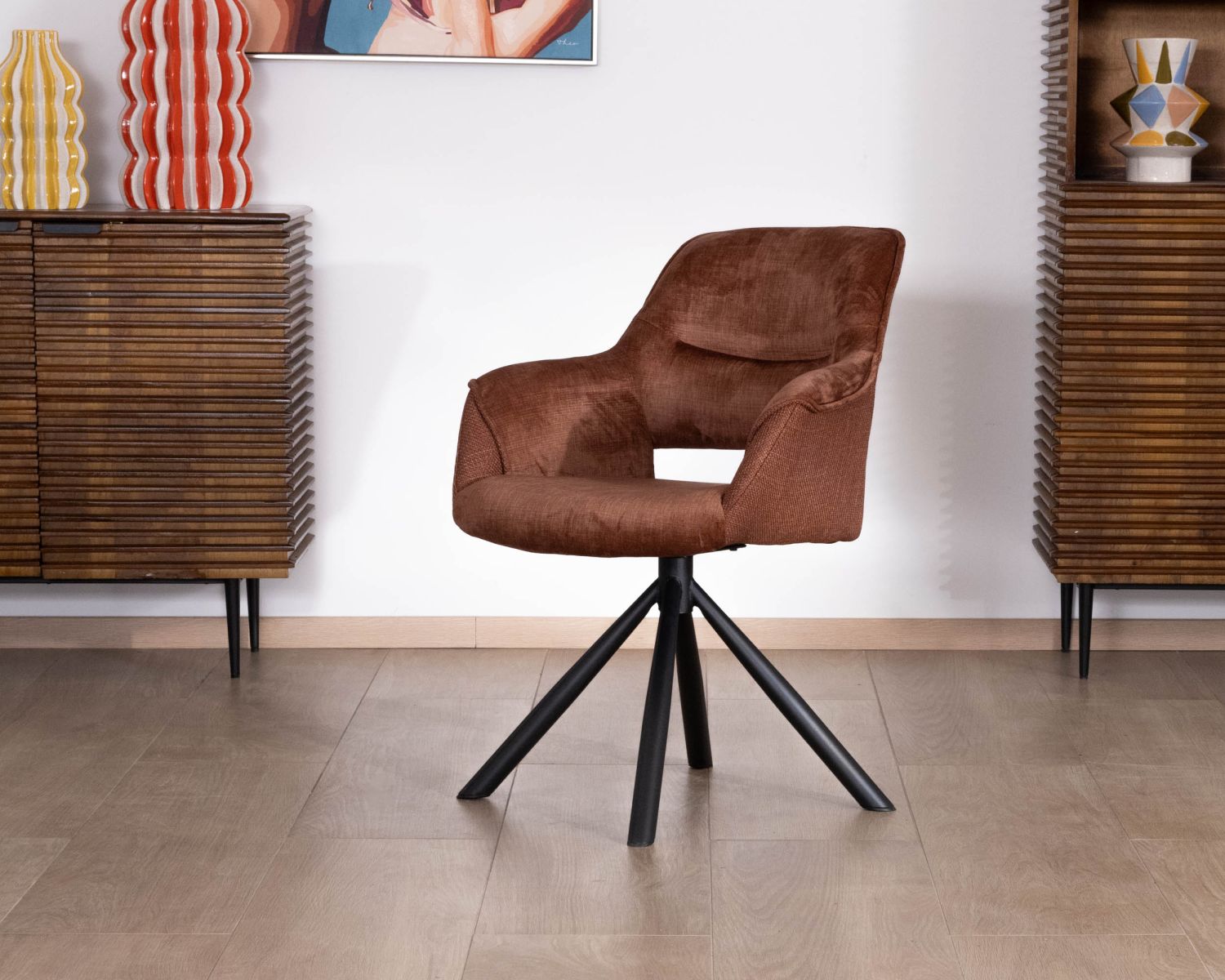 Lot de 2 fauteuils de repas pivotants en tissu bi texturé cuivré "Chilko" esprit rétro