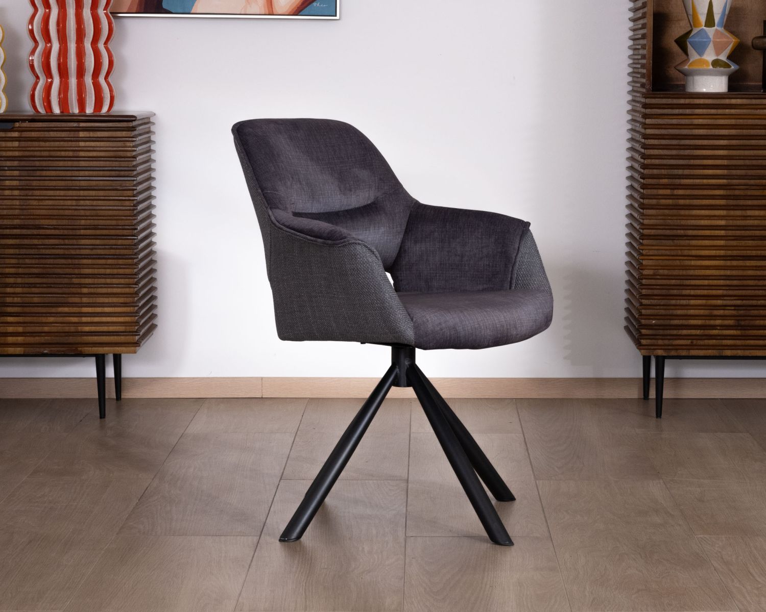Lot de 2 fauteuils de repas contemporains pivotants sur pied métal noir "Chilko" en tissu bi texturé gris