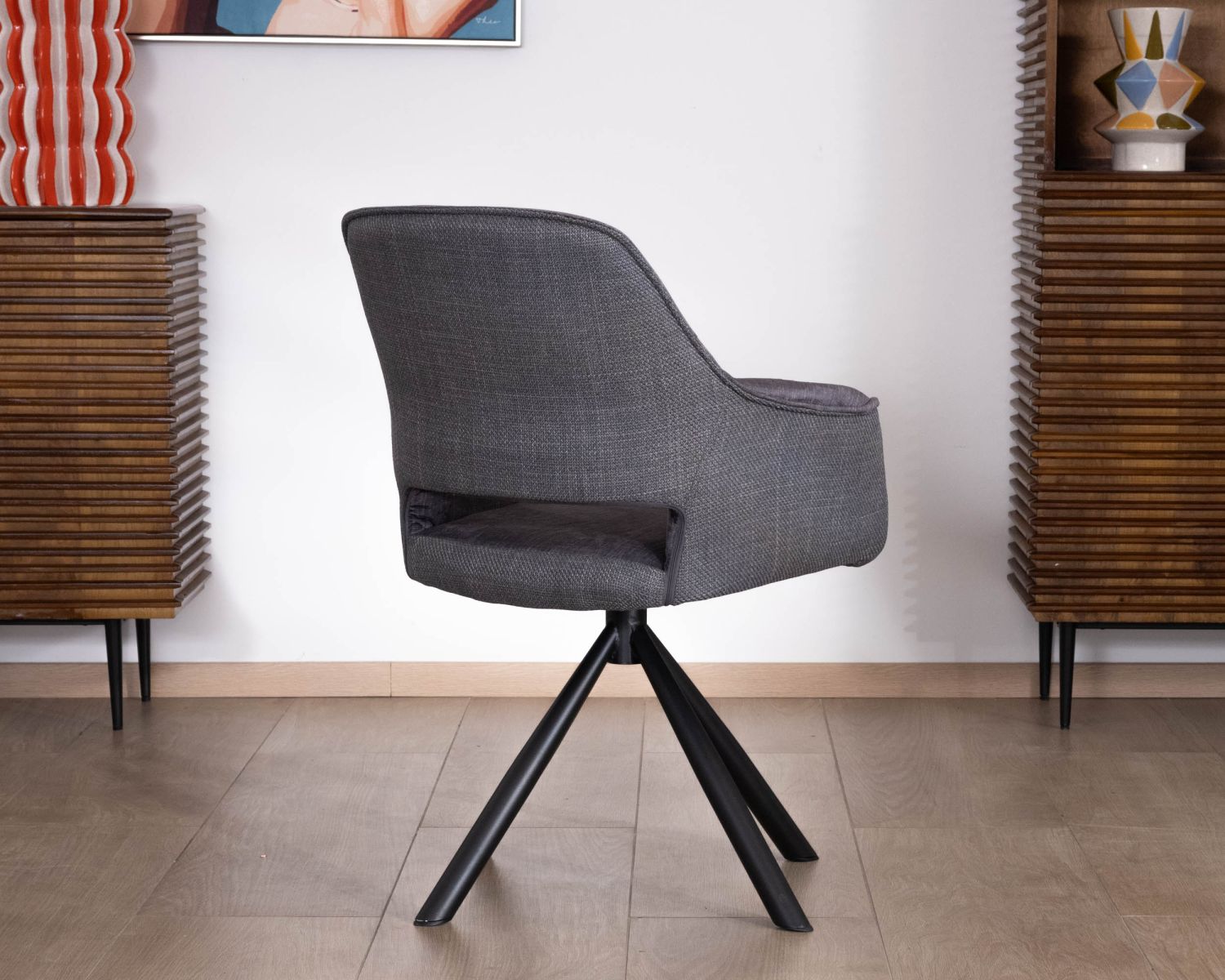 Lot de 2 fauteuils de repas contemporains pivotants sur pied métal noir "Chilko" en tissu bi texturé gris