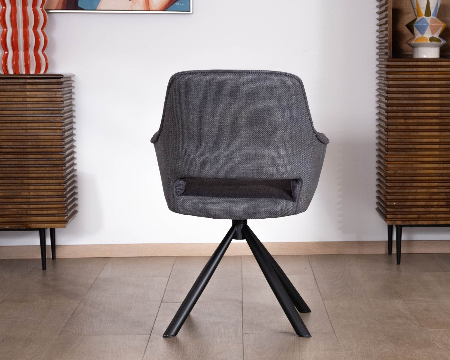 Lot de 2 fauteuils de repas contemporains pivotants sur pied métal noir "Chilko" en tissu bi texturé gris