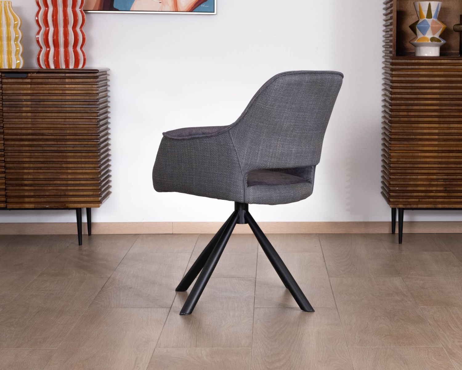Lot de 2 fauteuils de repas contemporains pivotants sur pied métal noir "Chilko" en tissu bi texturé gris