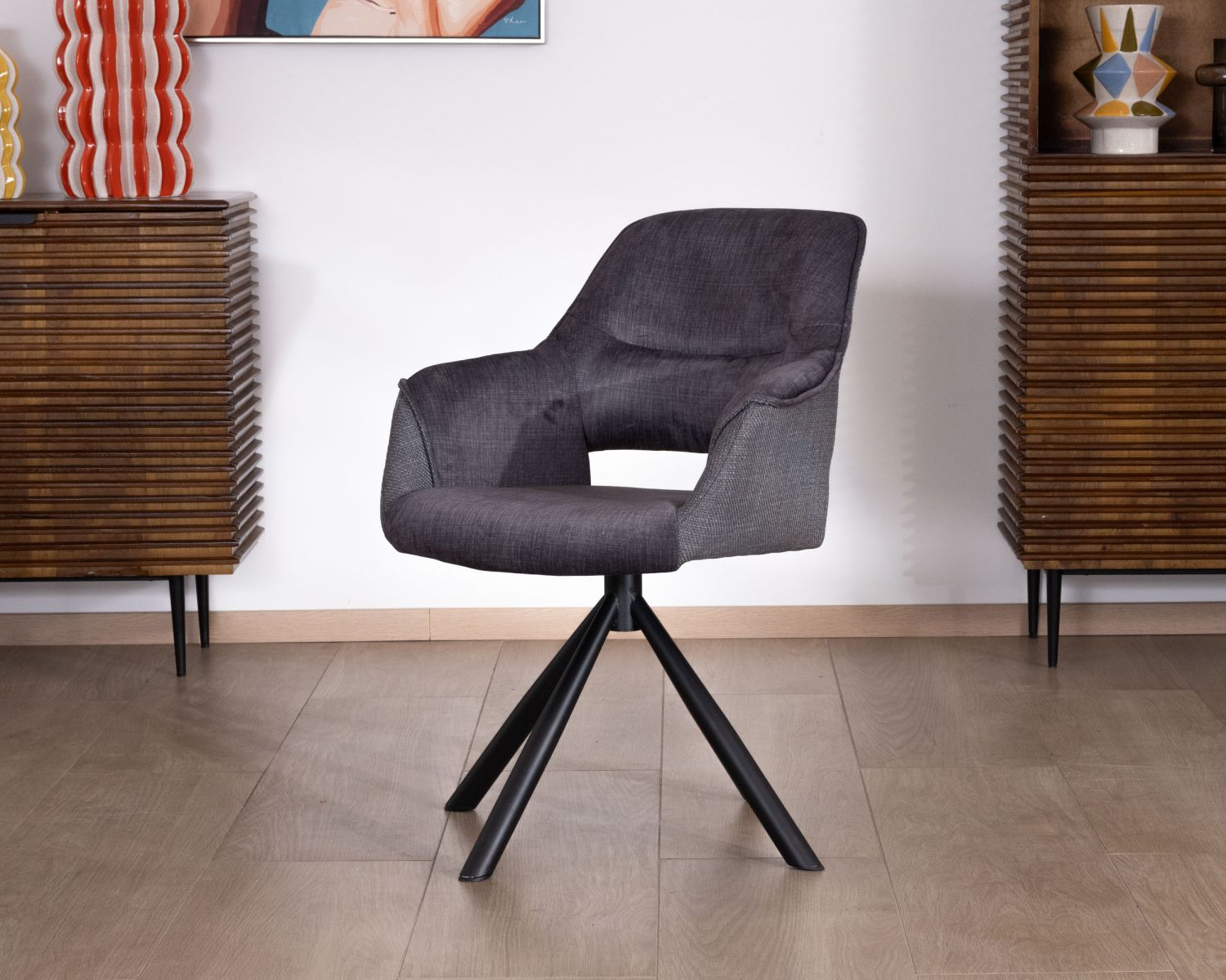 Lot de 2 fauteuils de repas contemporains pivotants sur pied métal noir "Chilko" en tissu bi texturé gris