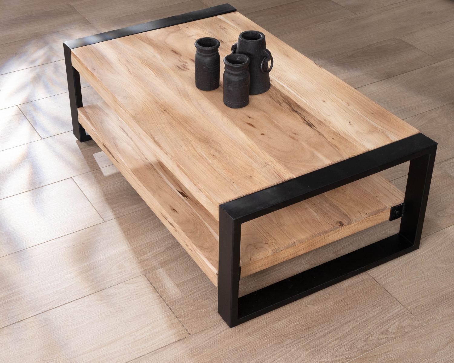 Table de salon 120 cm à double plateau métal et bois "Montréal"