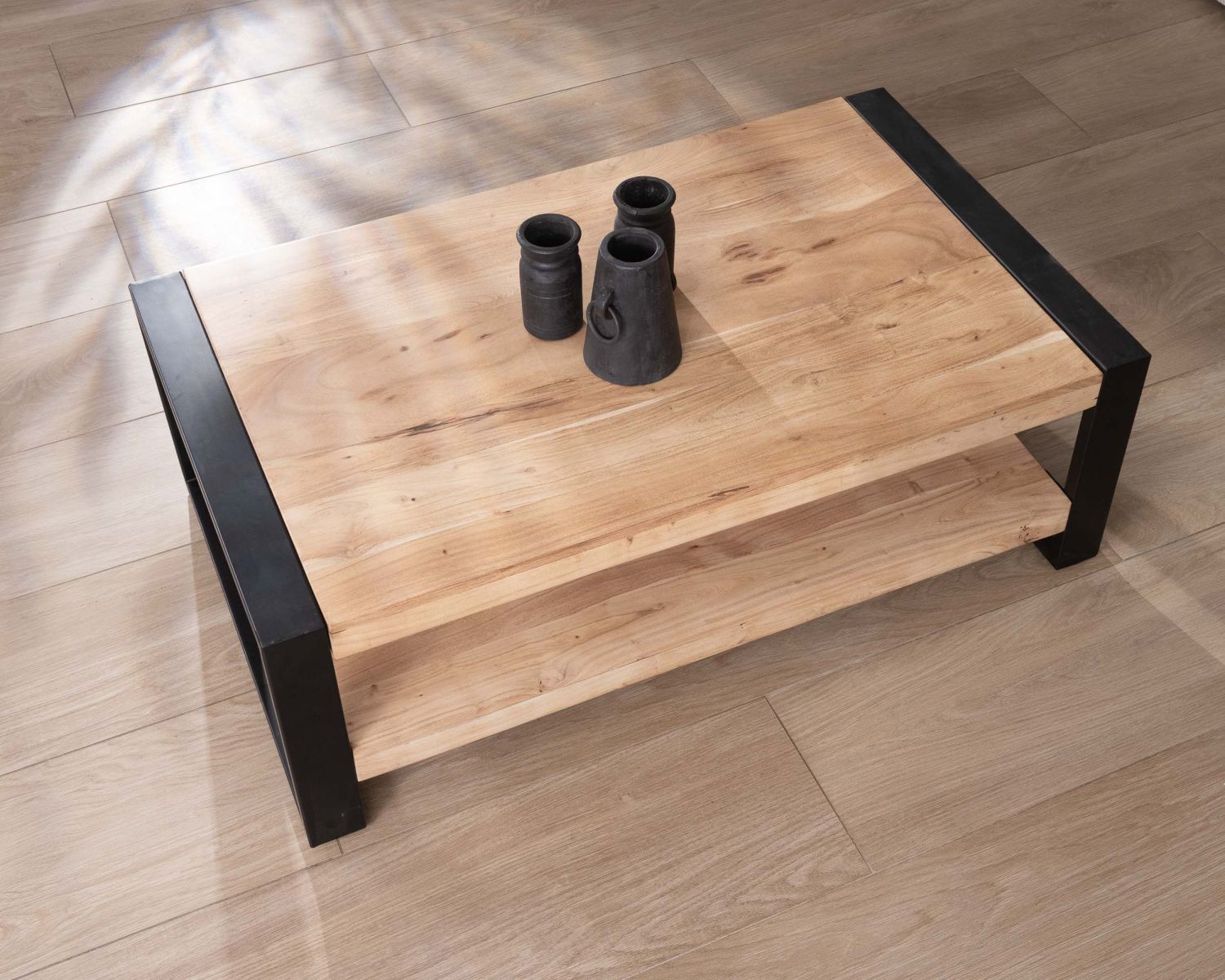 Table de salon 120 cm à double plateau métal et bois "Montréal"