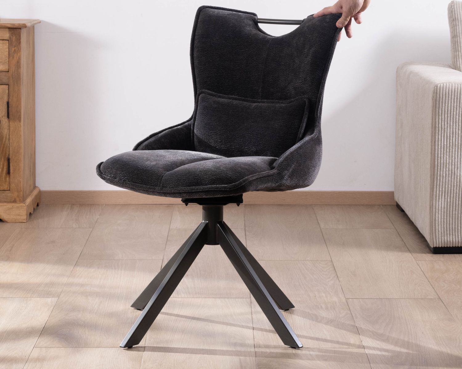 Lot de 2 chaises en tissu gris sur pied tournant en métal "Biorg" style rétro