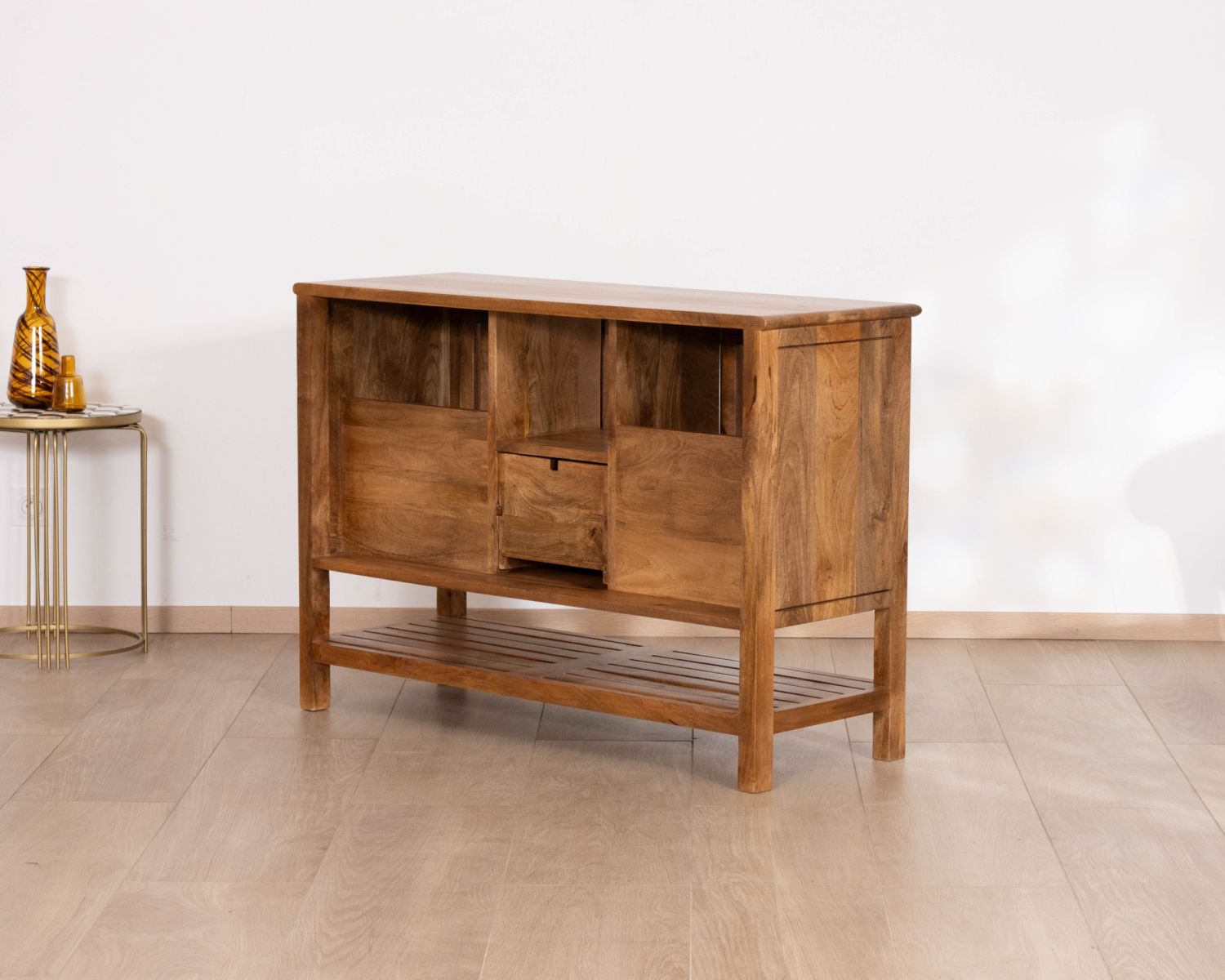 Meuble sous vasque 120 cm avec portes coulissantes "Bulle" en manguier teinte noyer