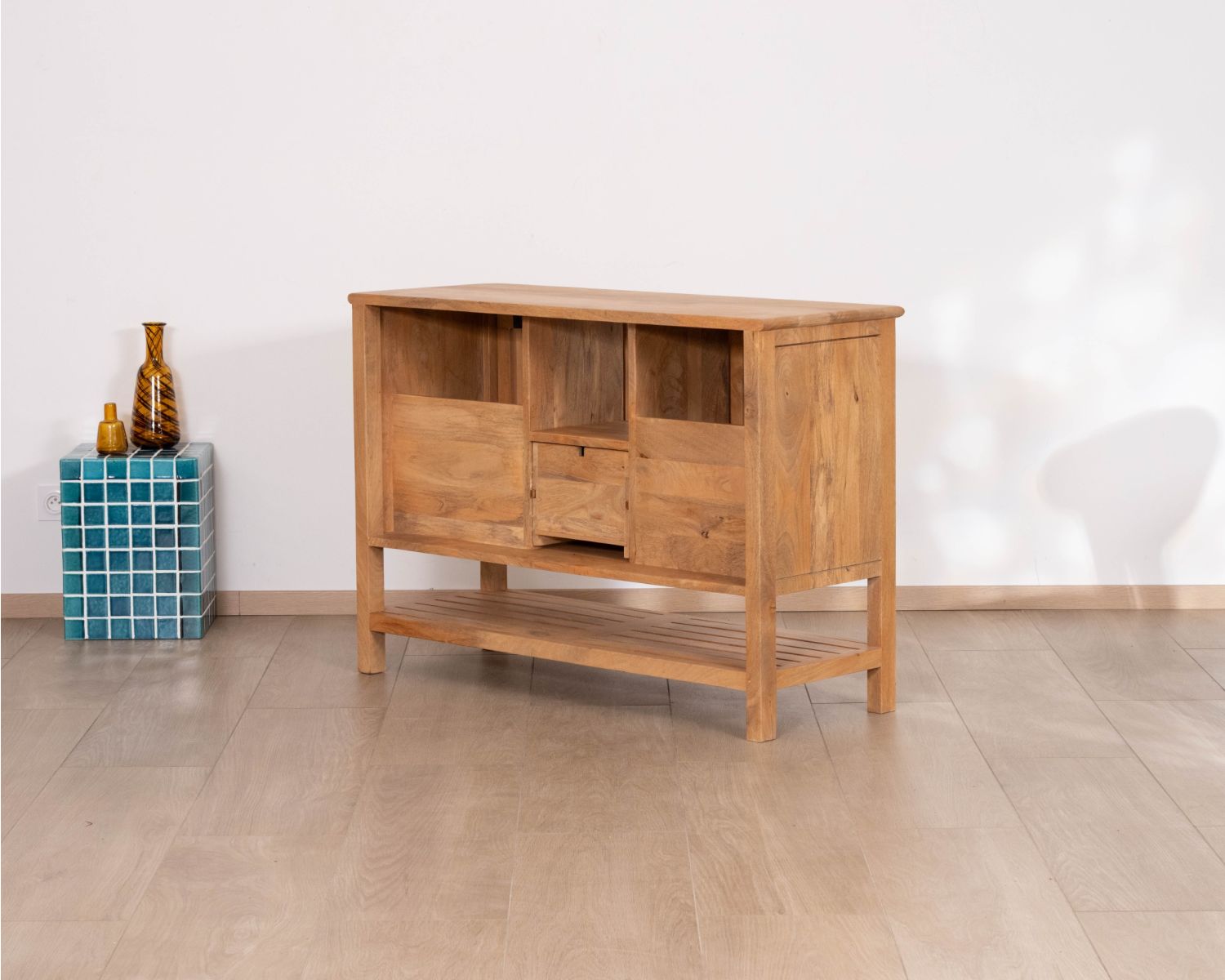 Meuble sous vasque 120 cm "Bulle" en manguier teinte chêne clair