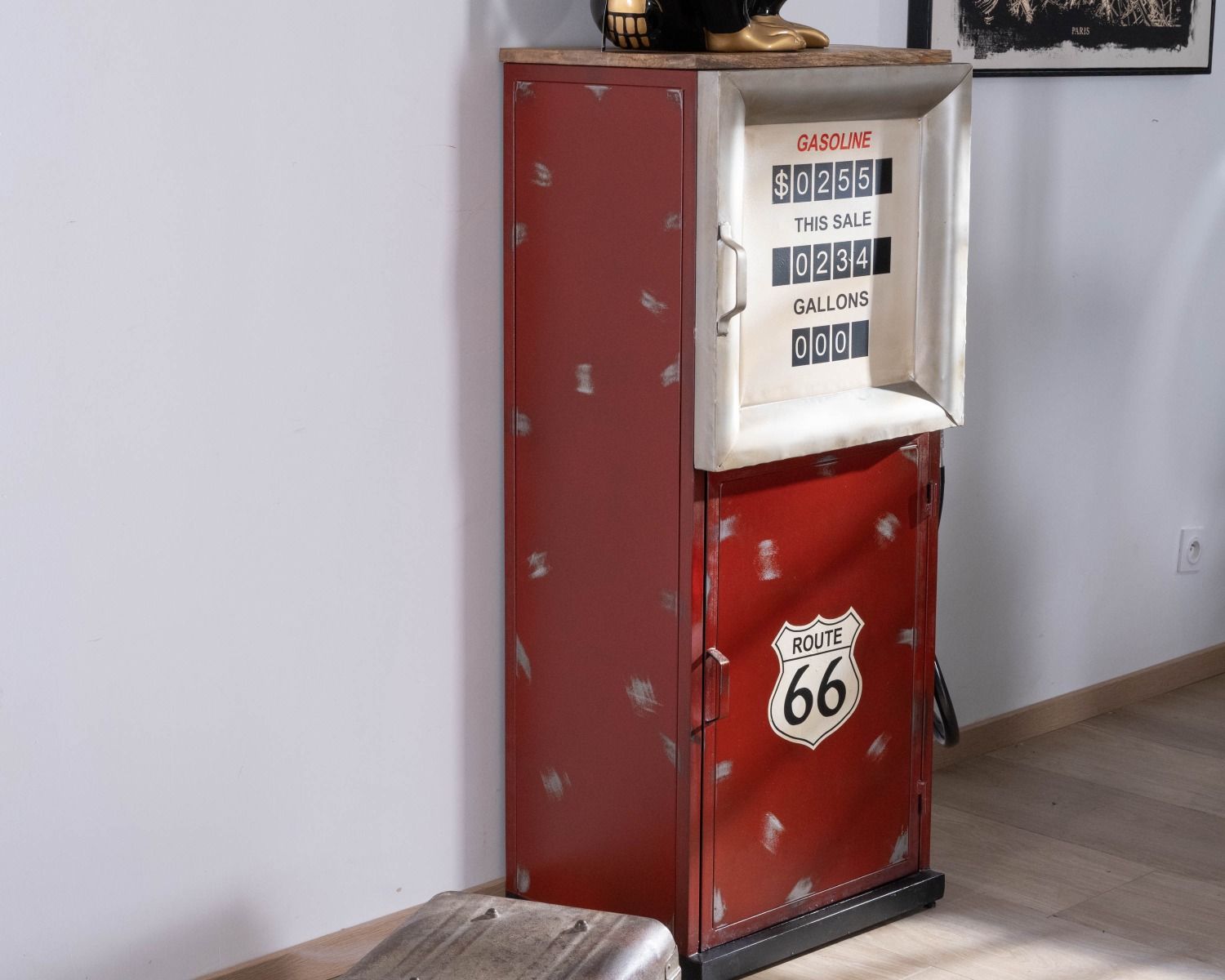 Meuble bar esprit récup route 66 pompe à essence métal rouge "Crazy"
