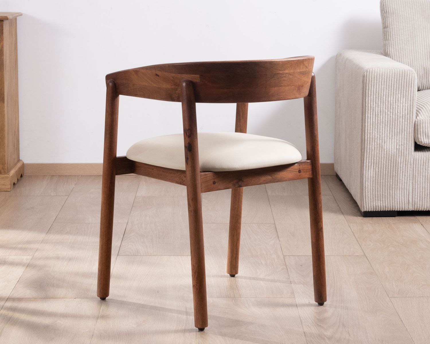 Chaise de repas style rétro "Polo" en manguier et assise tissu blanc