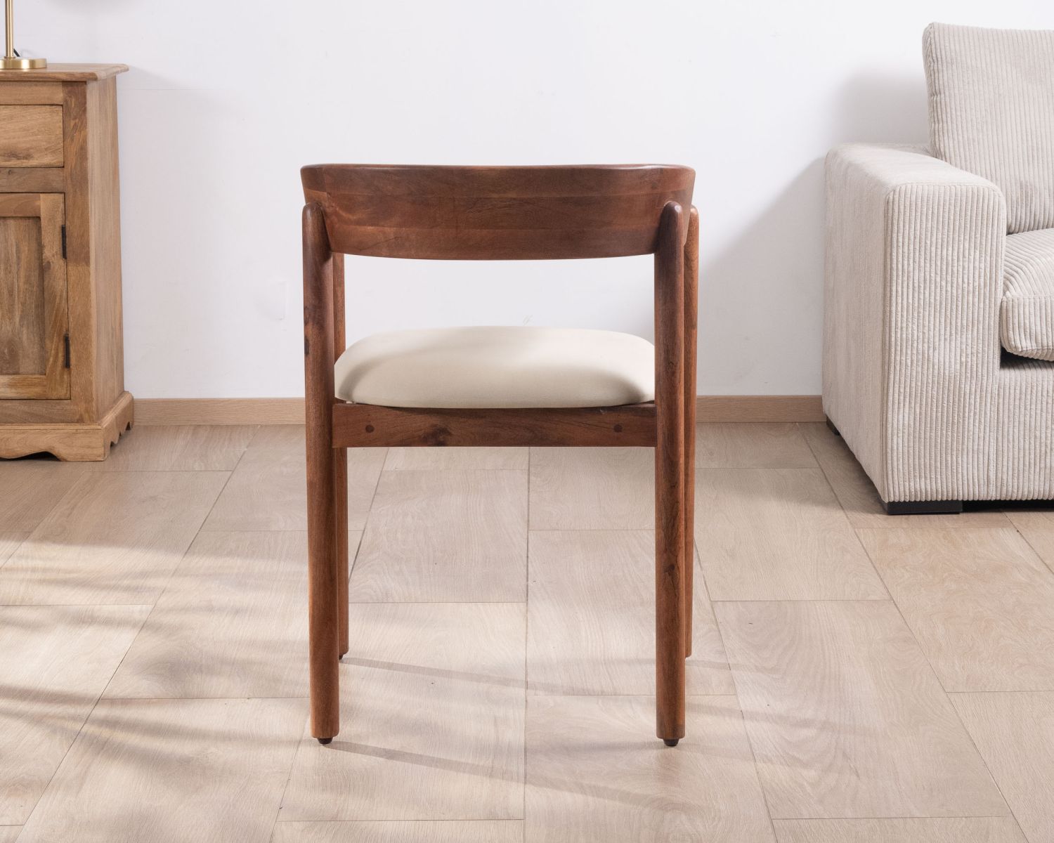 Chaise de repas style rétro "Polo" en manguier et assise tissu blanc