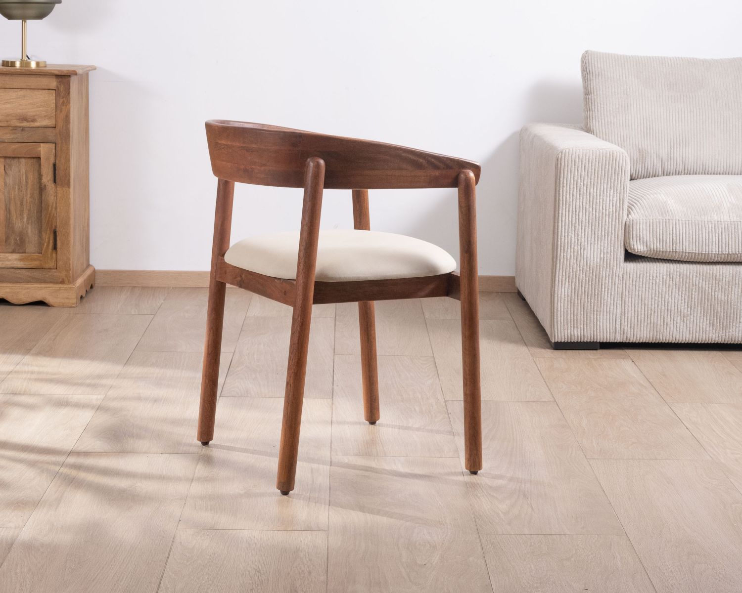 Chaise de repas style rétro "Polo" en manguier et assise tissu blanc