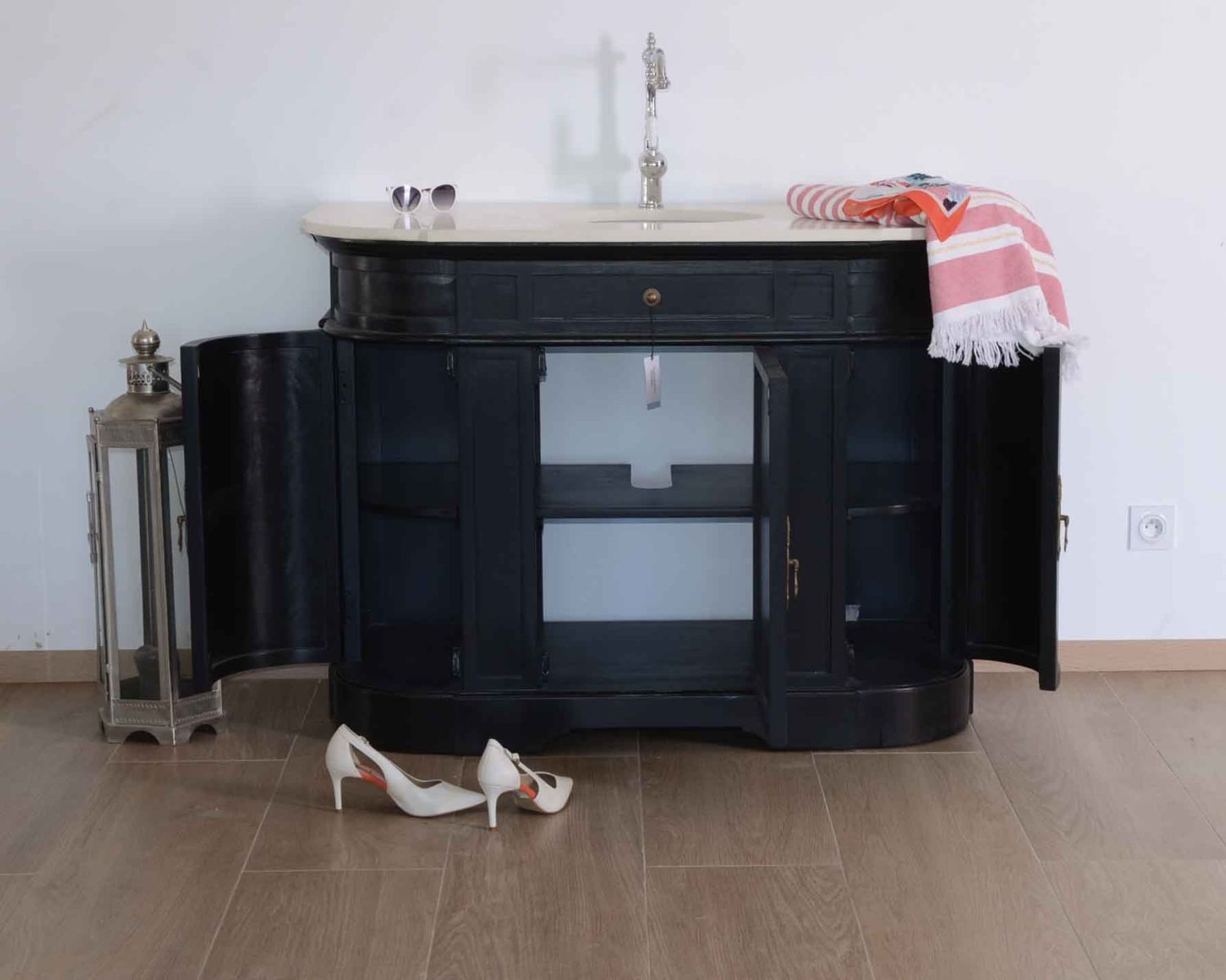 Meuble de salle de bain 1 vasque quartz blanc et bois noir "Églantine"