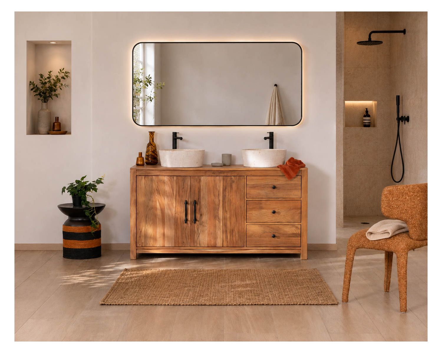 Grand meuble sous vasque double en bois recyclé "Mokal" 150 cm esprit maison de campagne