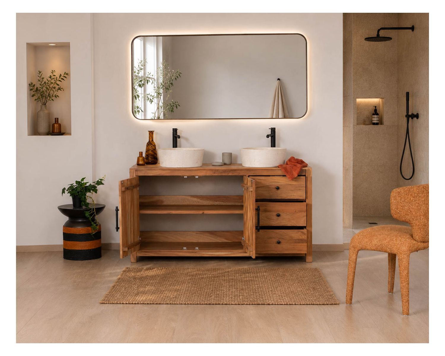 Grand meuble sous vasque double en bois recyclé "Mokal" 150 cm esprit maison de campagne