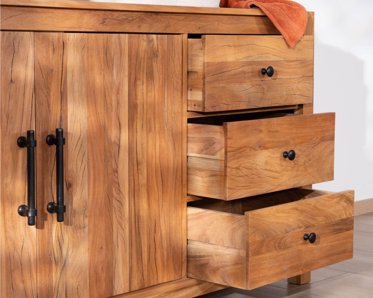 Grand meuble sous vasque double en bois recyclé "Mokal" 150 cm esprit maison de campagne