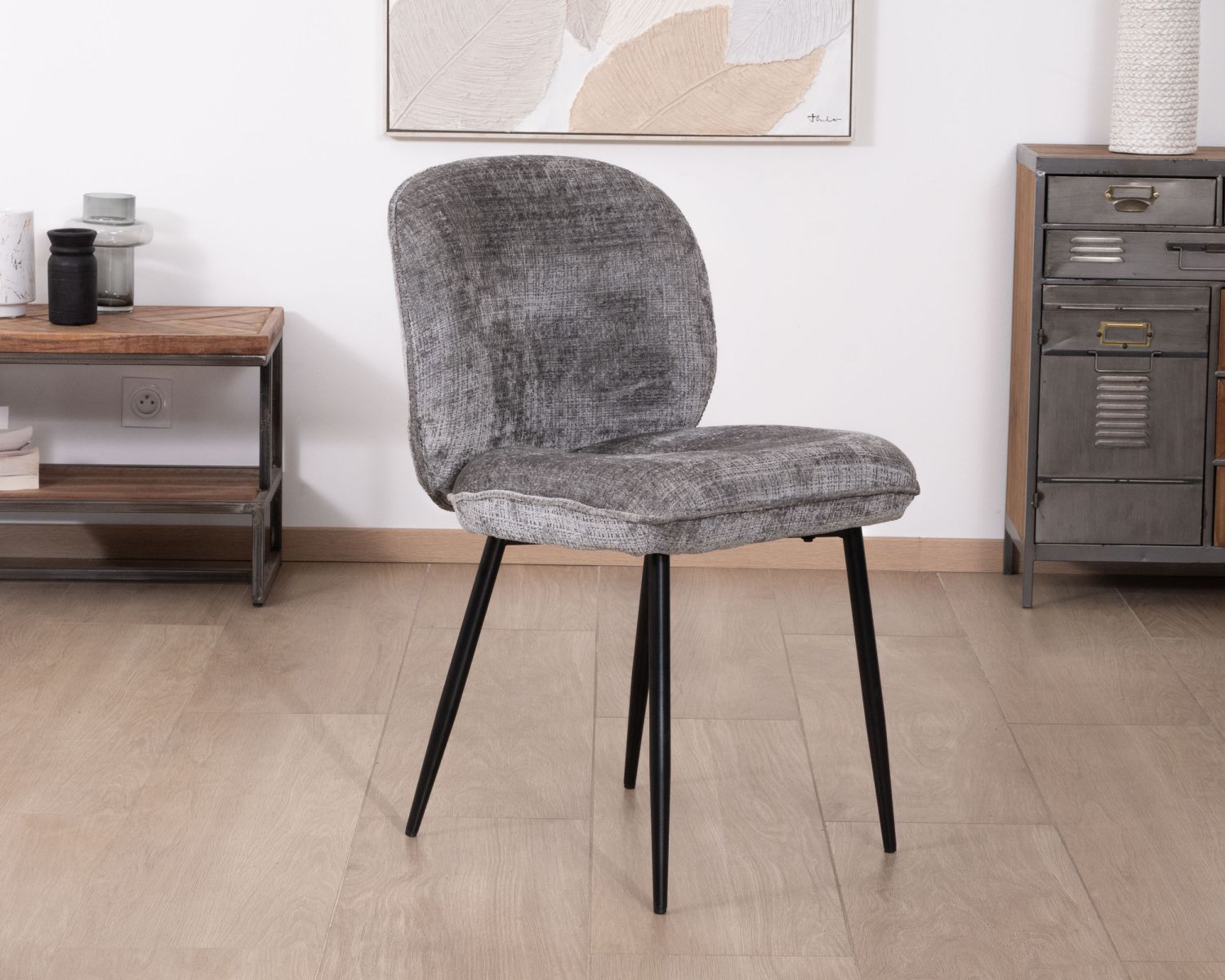 Lot de 2 chaises de repas contemporaines en tissu bouclette gris ultra doux "Kinsac"