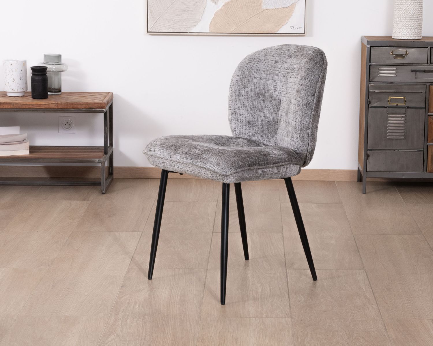 Lot de 2 chaises de repas contemporaines en tissu bouclette gris ultra doux "Kinsac"